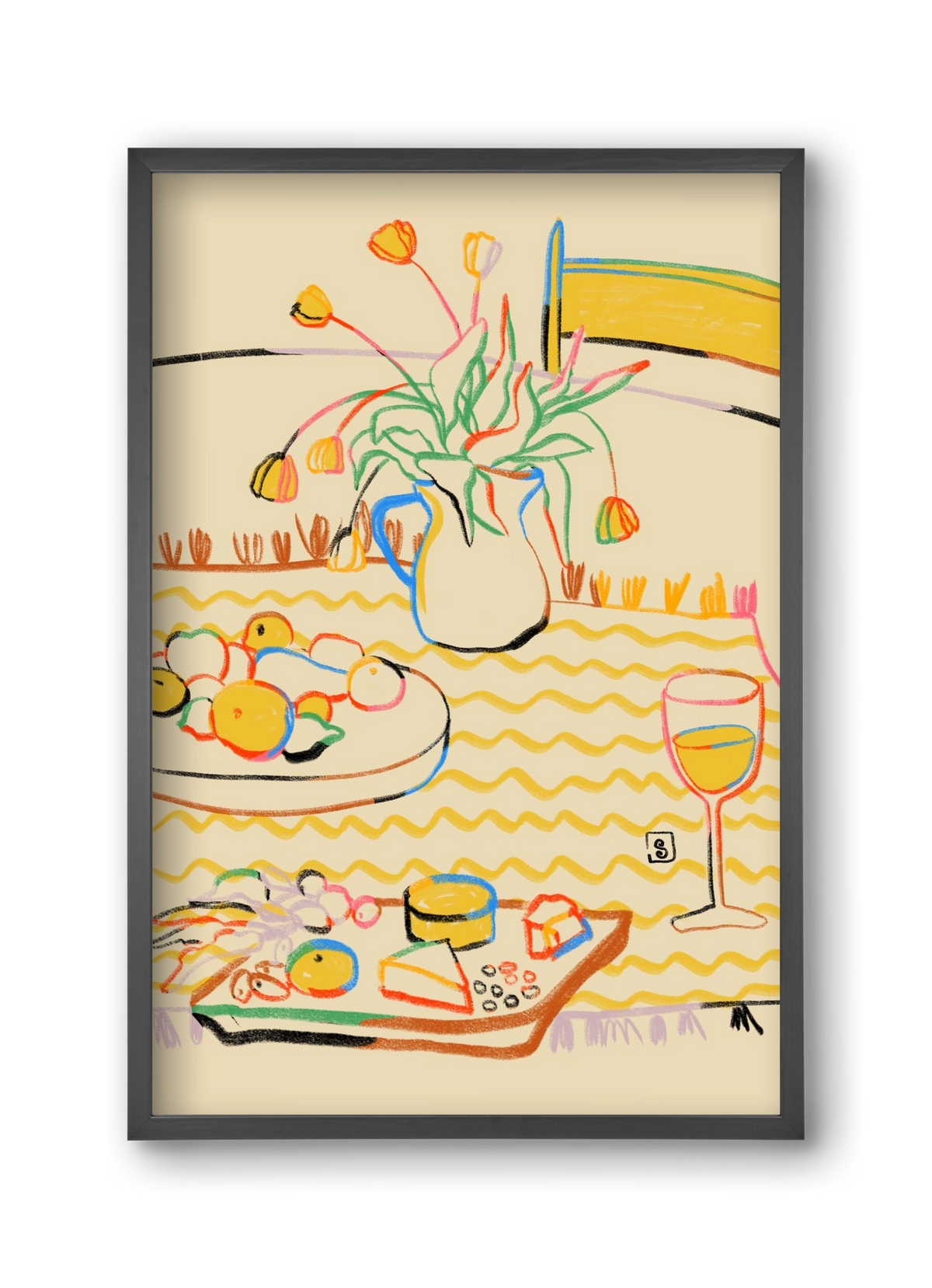 YELLOW TULIPS WINE AND CHEESE, 30x45 cm (30x45 cm), Fekete keret