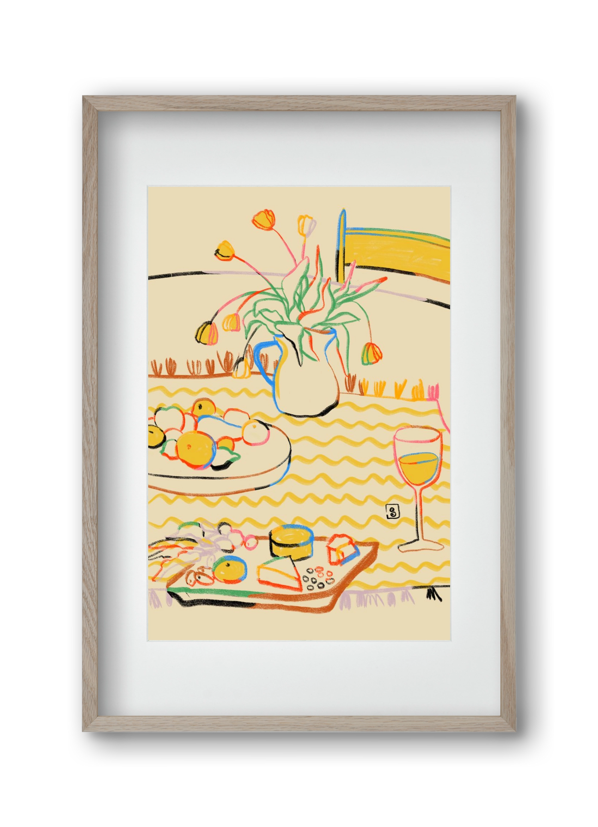 YELLOW TULIPS WINE AND CHEESE, 30x45 cm (20x30 cm), Tölgy keret, paszpartuval