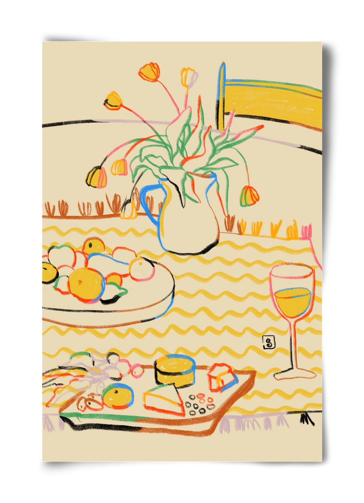 YELLOW TULIPS WINE AND CHEESE, 40x60 cm, Keret nélkül