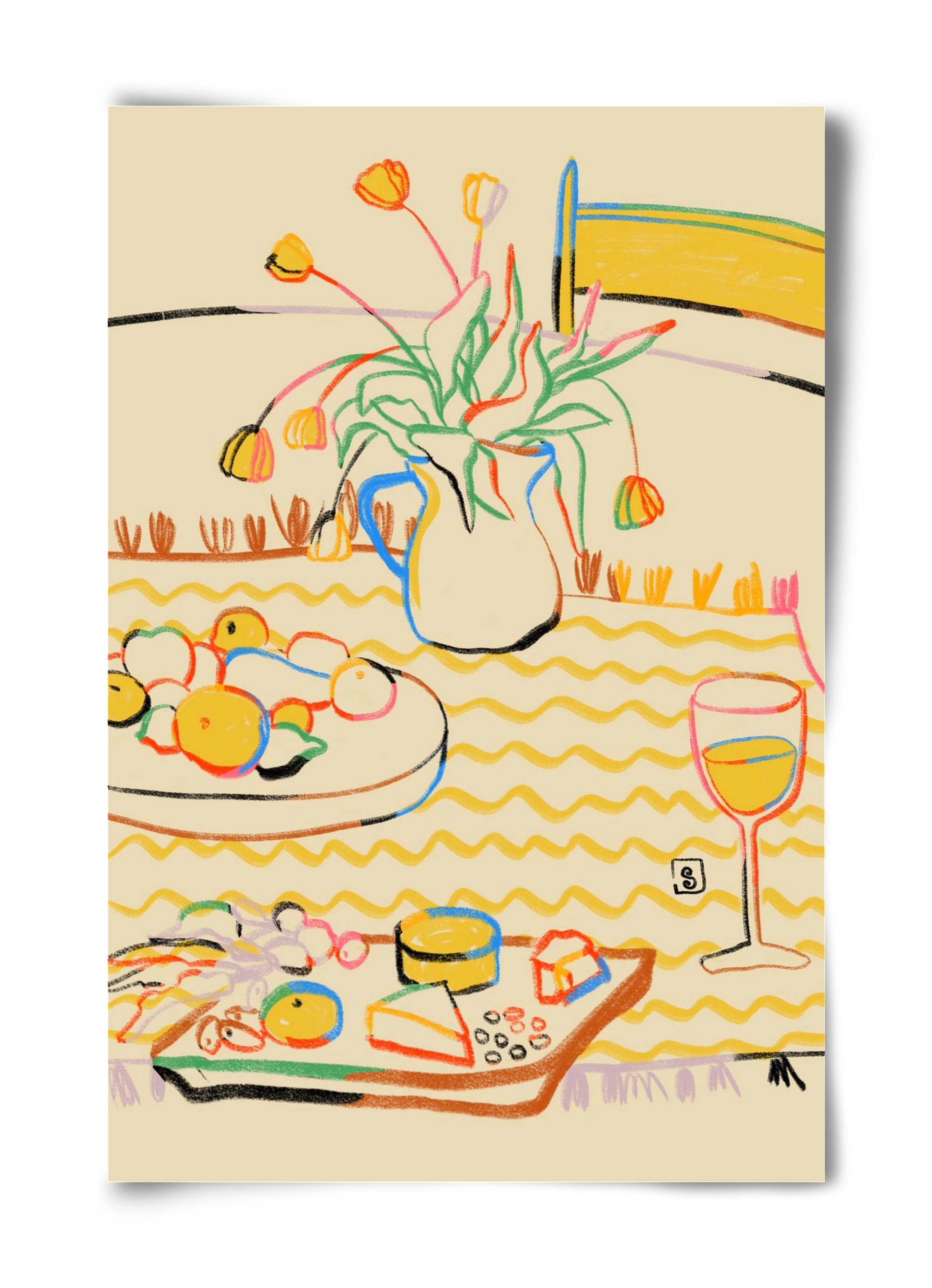 YELLOW TULIPS WINE AND CHEESE, 40x60 cm, Keret nélkül