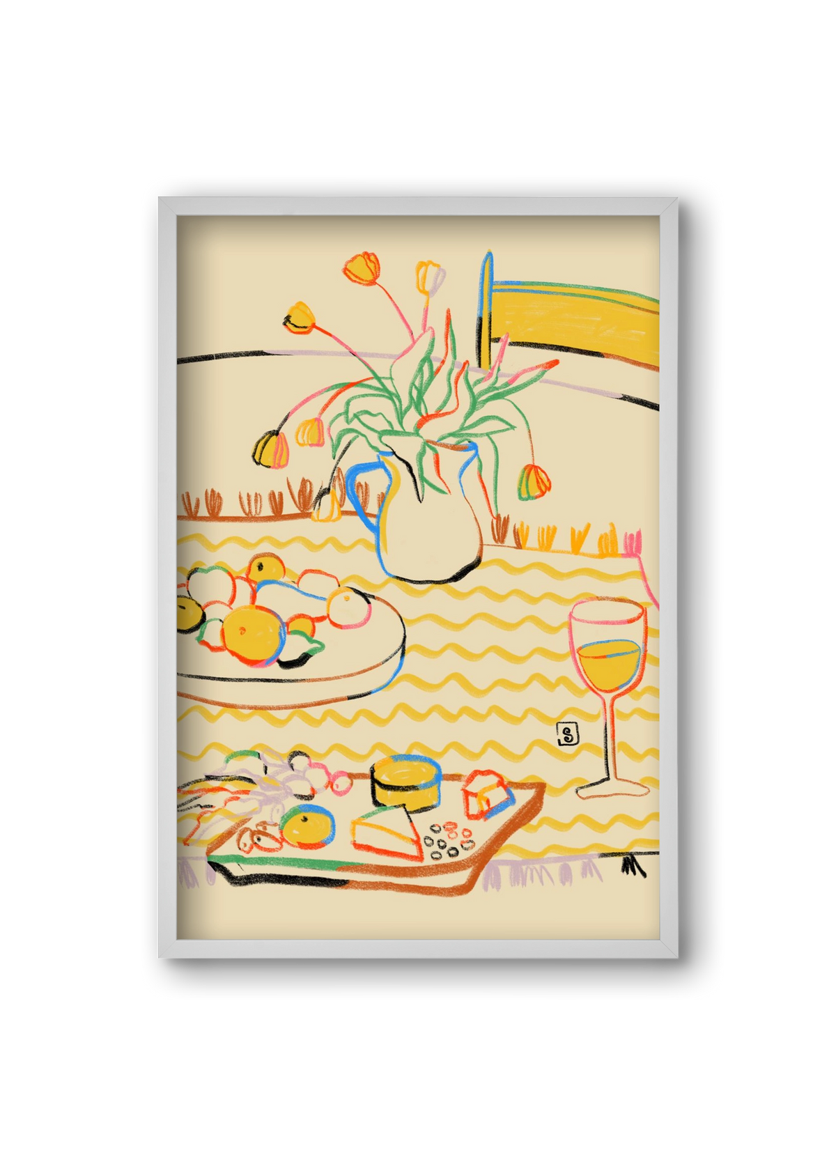 YELLOW TULIPS WINE AND CHEESE, 20x30 cm (20x30 cm), Fehér keret
