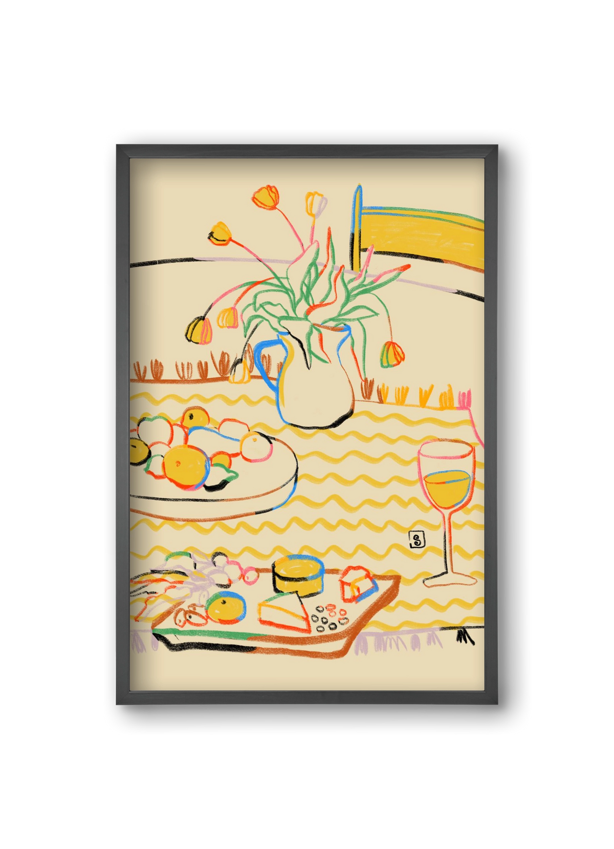 YELLOW TULIPS WINE AND CHEESE, 20x30 cm (20x30 cm), Fekete keret