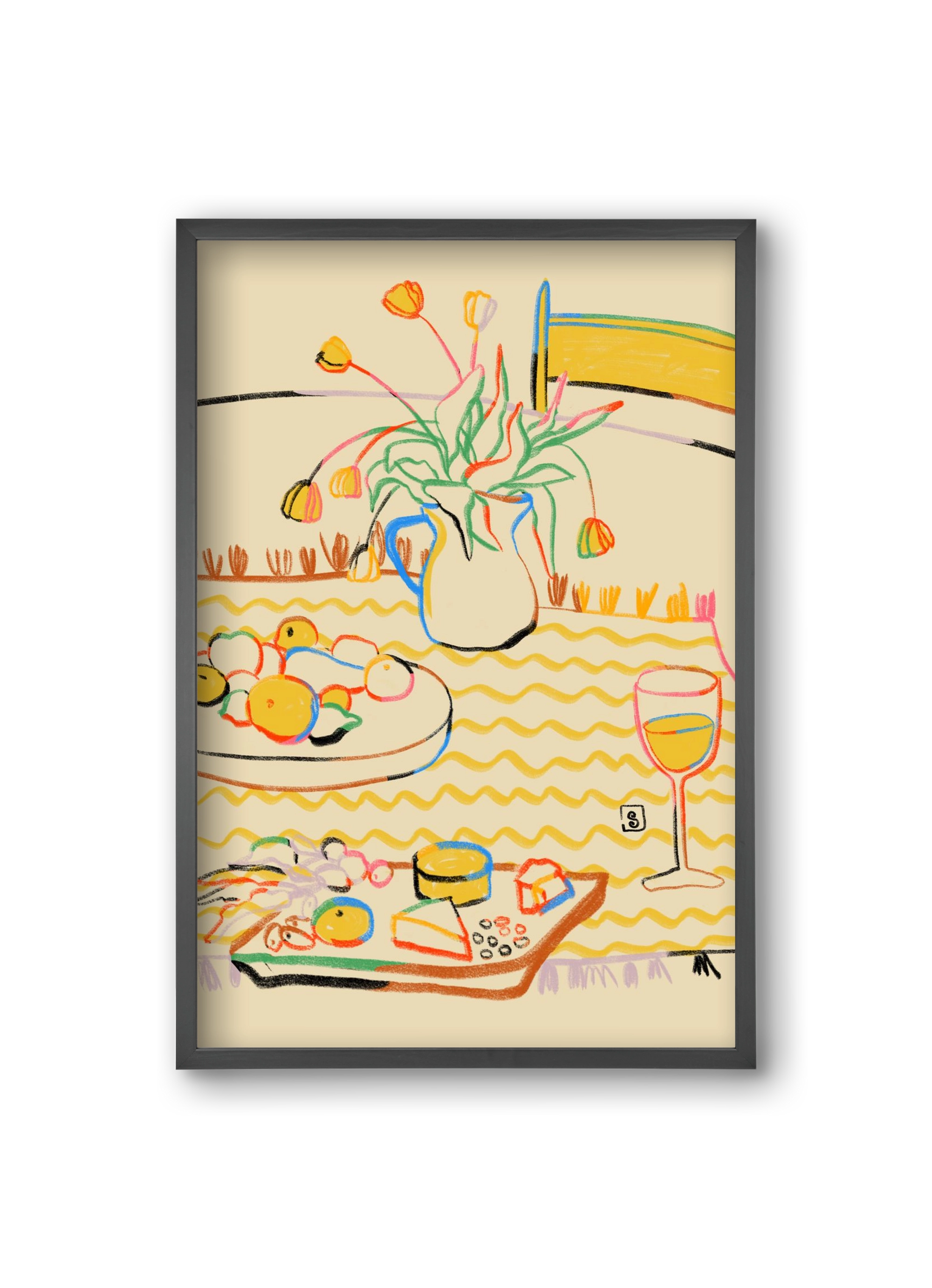 YELLOW TULIPS WINE AND CHEESE, 20x30 cm (20x30 cm), Fekete keret
