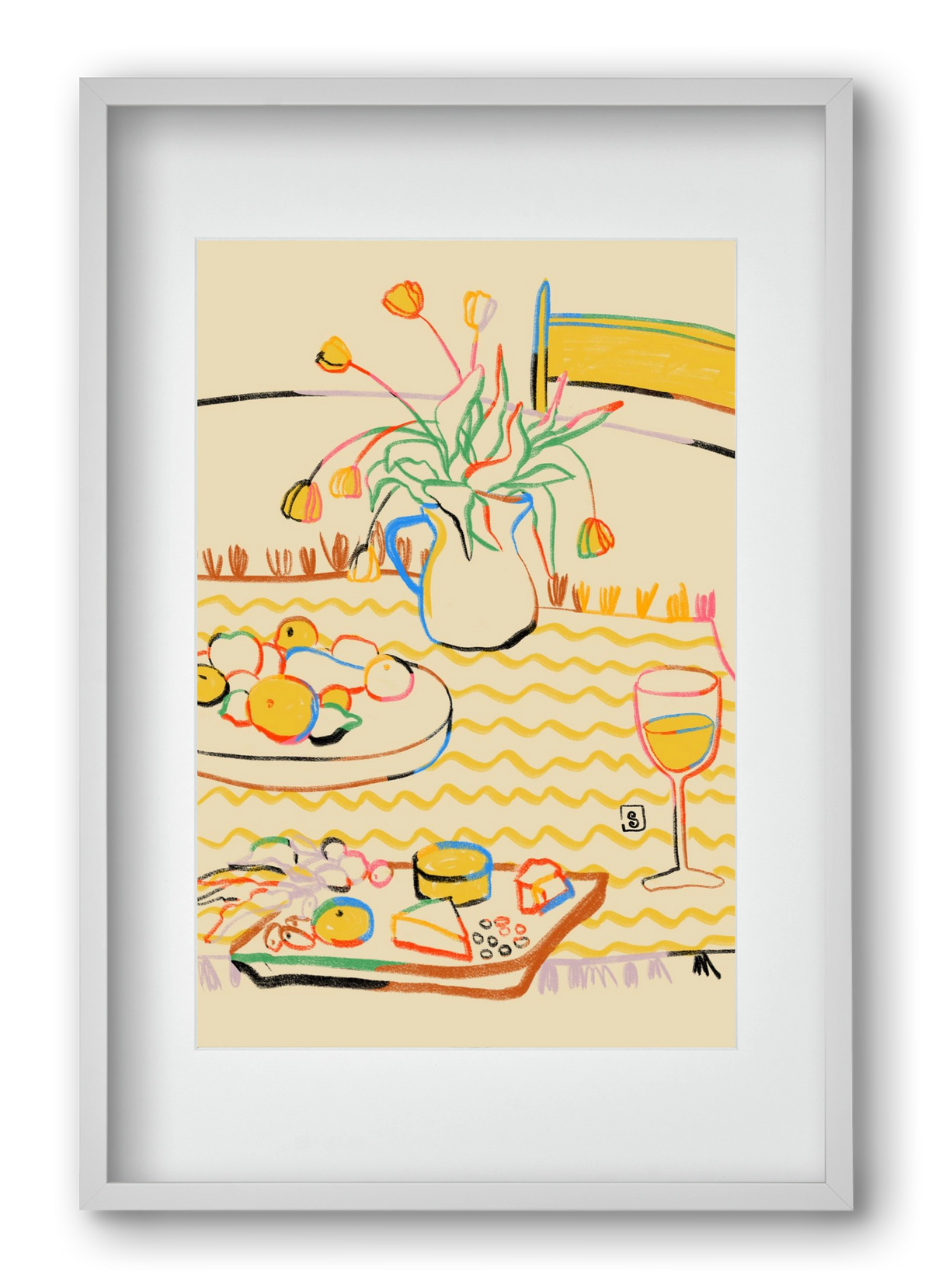 YELLOW TULIPS WINE AND CHEESE, 40x60 cm (30x45 cm), Fehér keret, paszpartuval