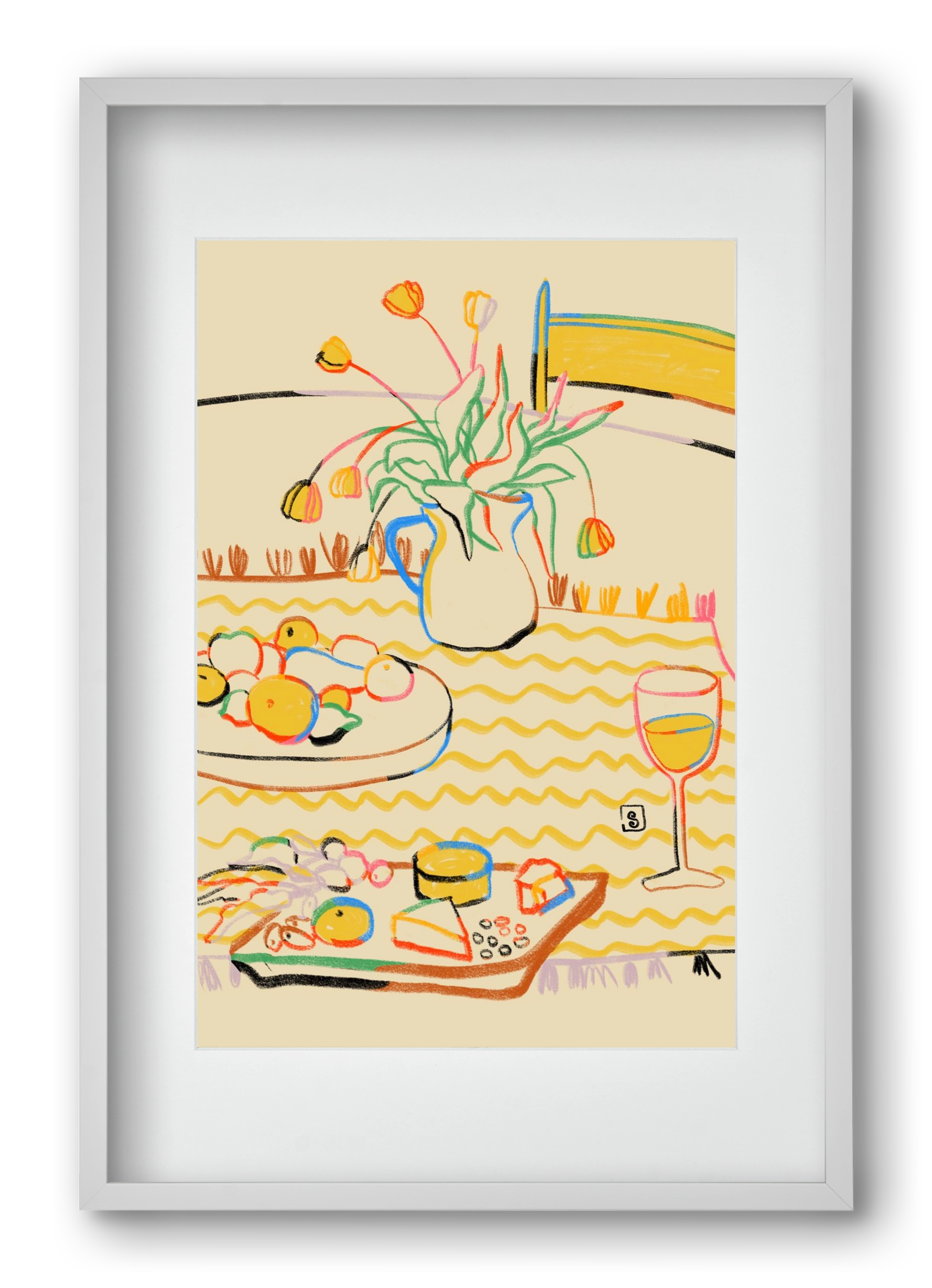 YELLOW TULIPS WINE AND CHEESE, 40x60 cm (30x45 cm), Fehér keret, paszpartuval