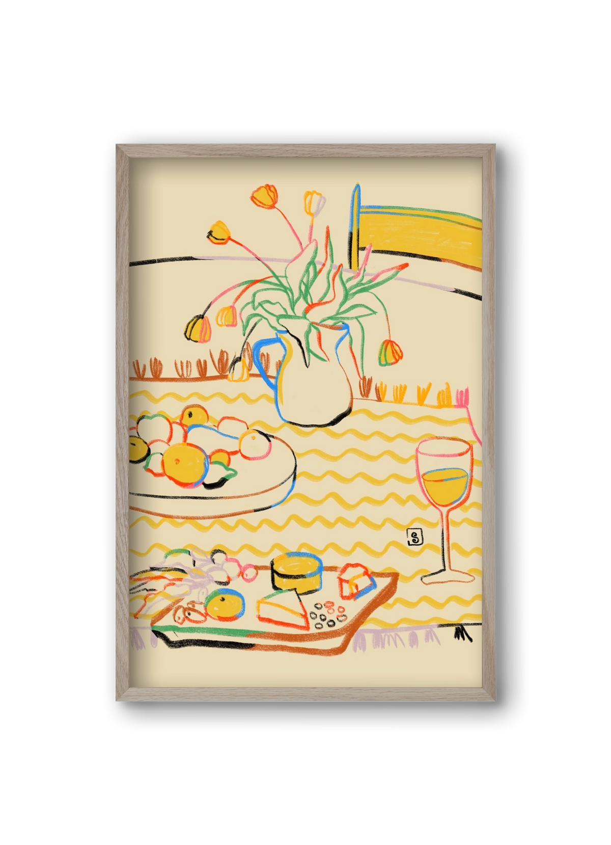 YELLOW TULIPS WINE AND CHEESE, 20x30 cm (20x30 cm), Tölgy keret