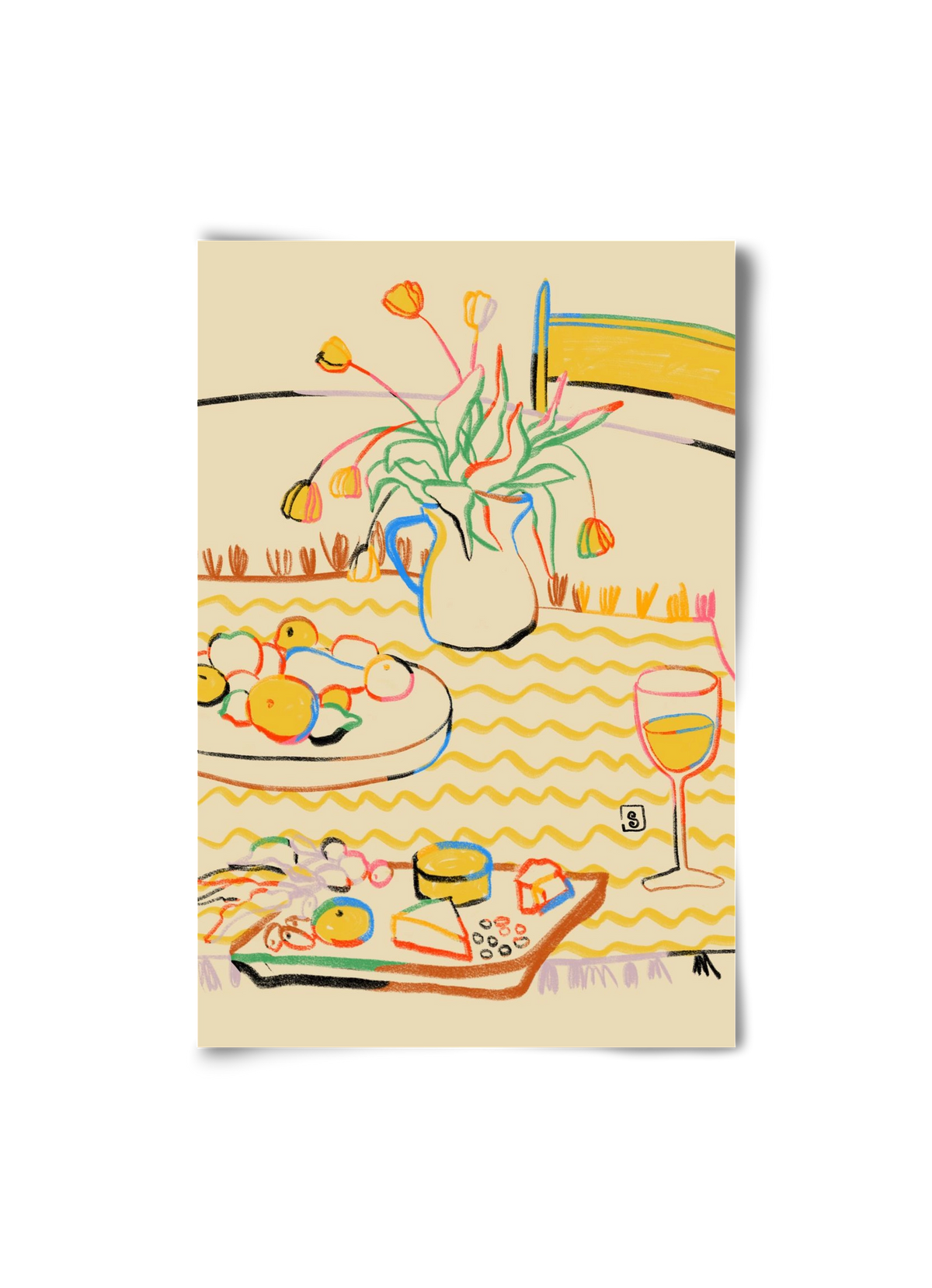 YELLOW TULIPS WINE AND CHEESE, 20x30 cm, Keret nélkül