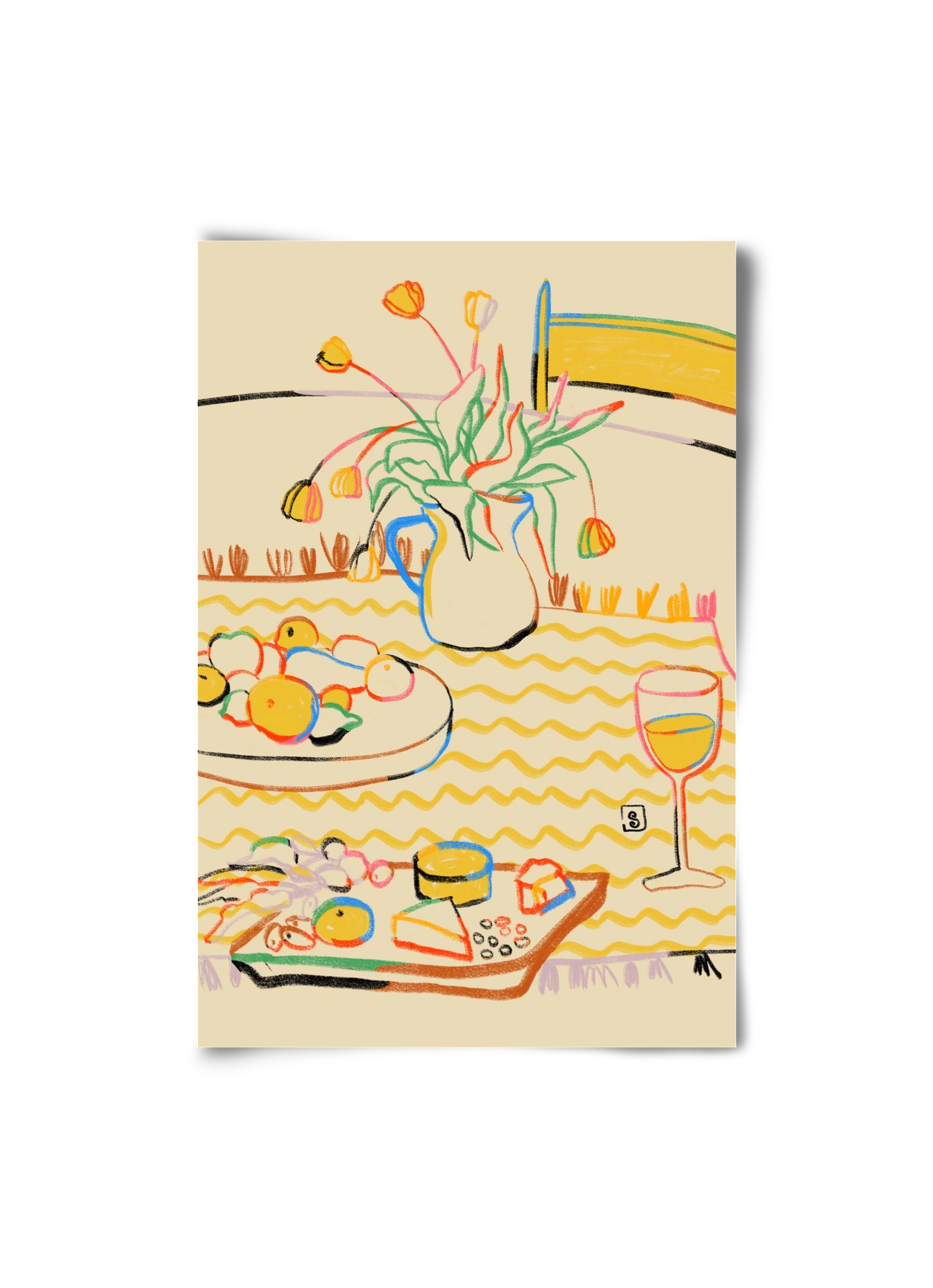 YELLOW TULIPS WINE AND CHEESE, 20x30 cm, Keret nélkül