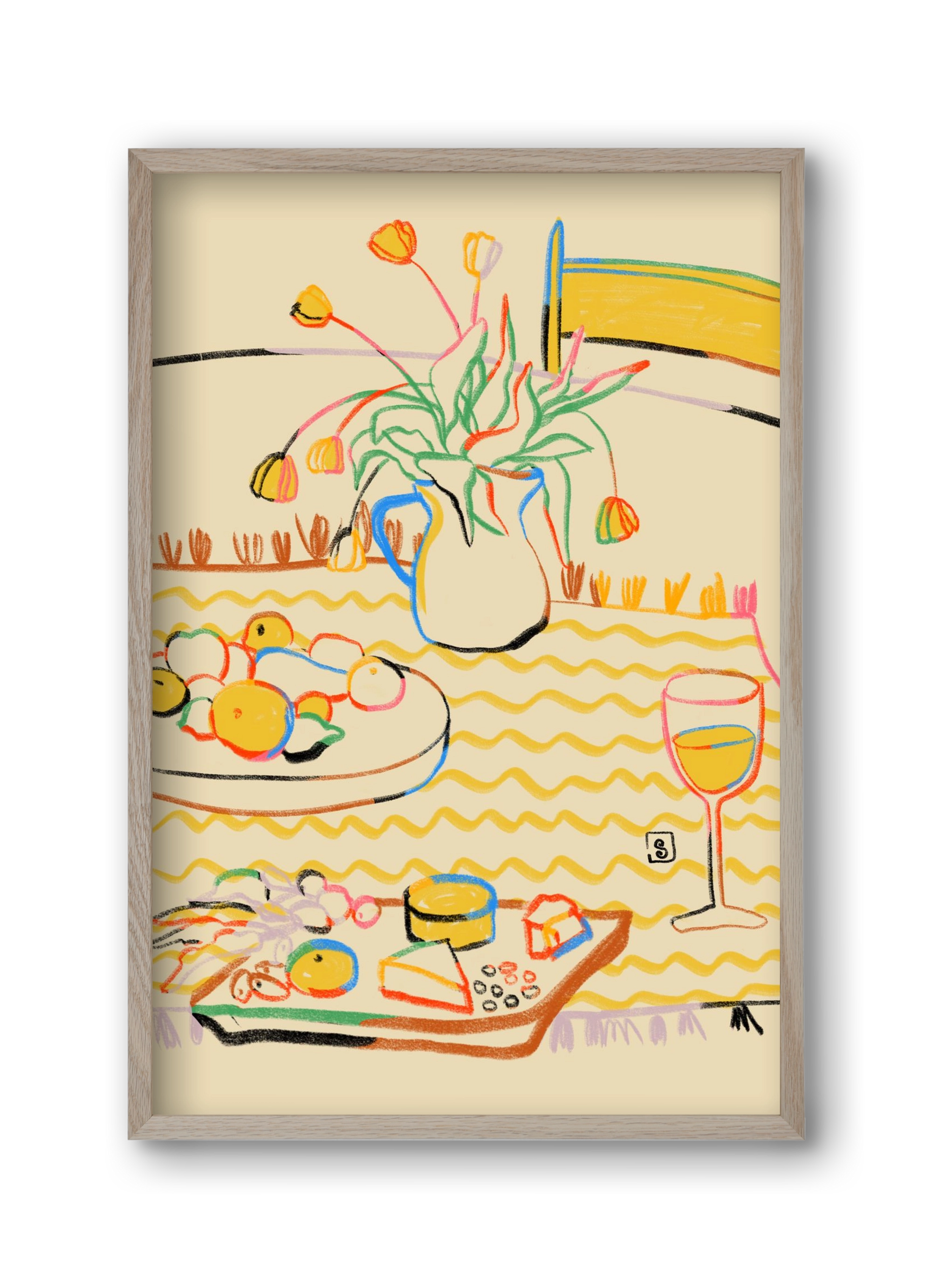 YELLOW TULIPS WINE AND CHEESE, 30x45 cm (30x45 cm), Tölgy keret