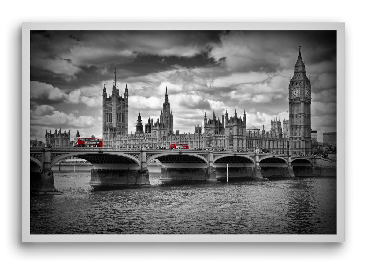 LONDON Westminster Bridge and red buses, 60x40 cm (60x40 cm), Fehér keret