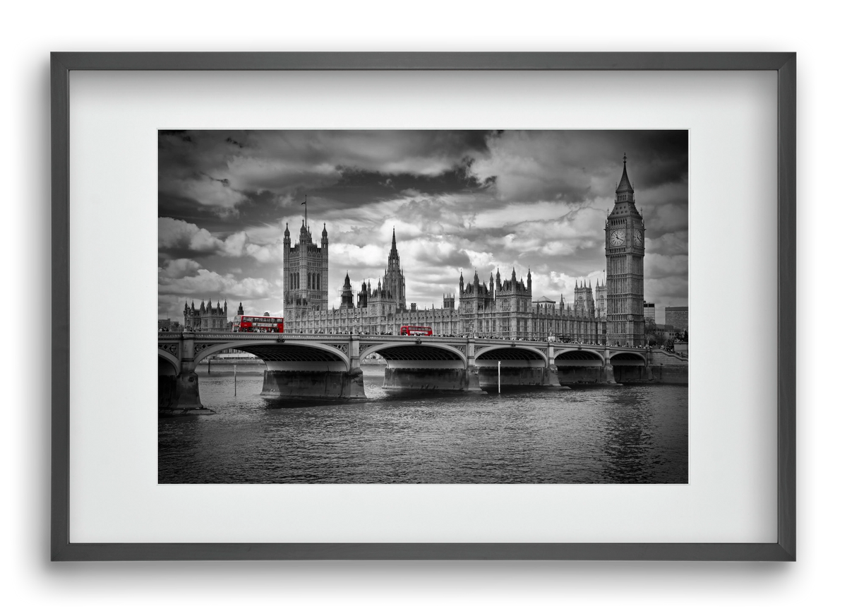 LONDON Westminster Bridge and red buses, 60x40 cm (45x30 cm), Fekete keret, paszpartuval