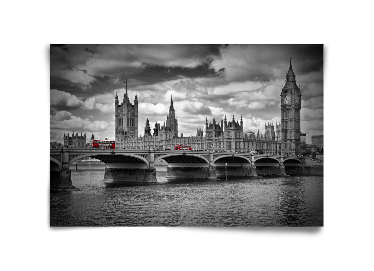 LONDON Westminster Bridge and red buses, 45x30 cm, Keret nélkül