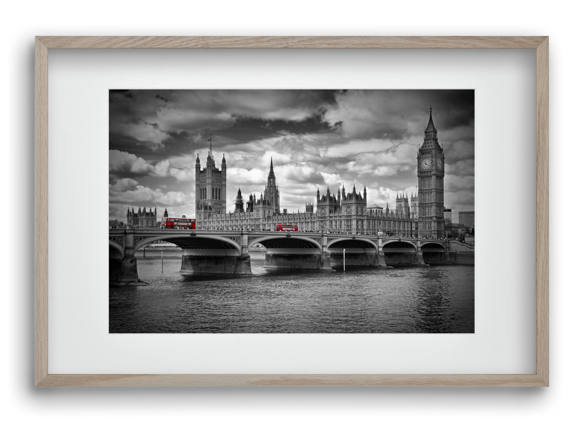 LONDON Westminster Bridge and red buses, 60x40 cm (45x30 cm), Tölgy keret, paszpartuval