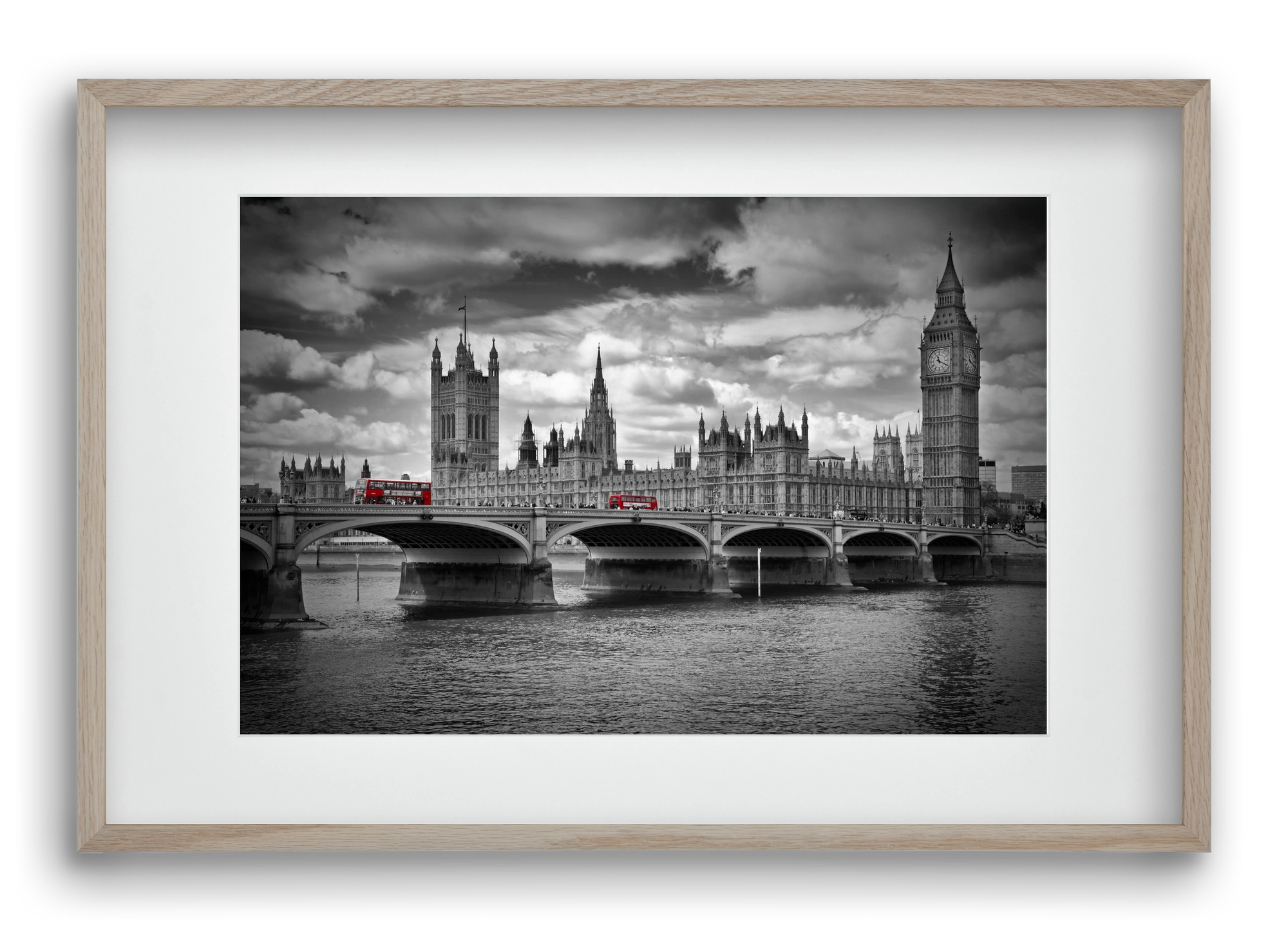 LONDON Westminster Bridge and red buses, 60x40 cm (45x30 cm), Tölgy keret, paszpartuval