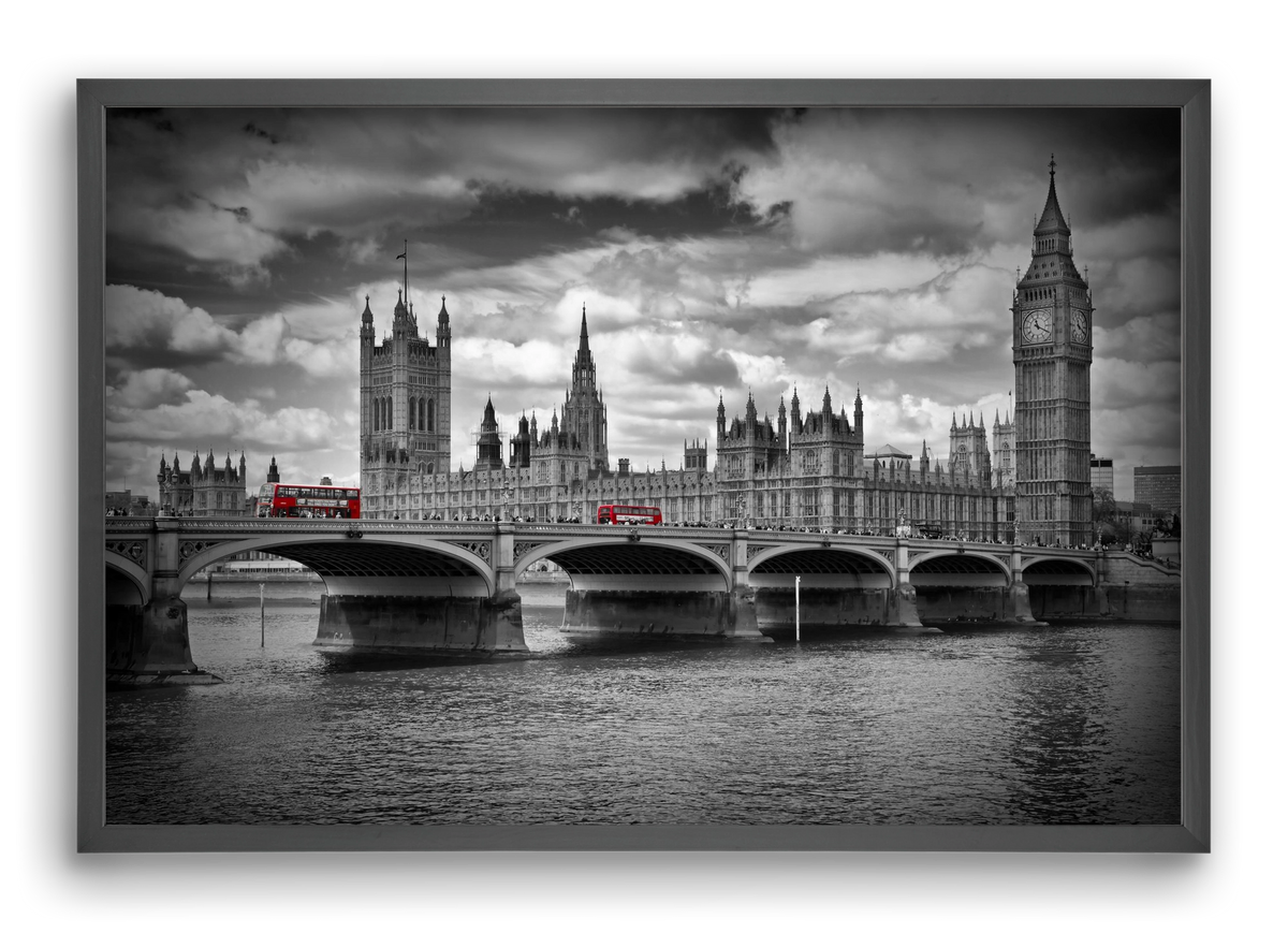 LONDON Westminster Bridge and red buses, 60x40 cm (60x40 cm), Fekete keret