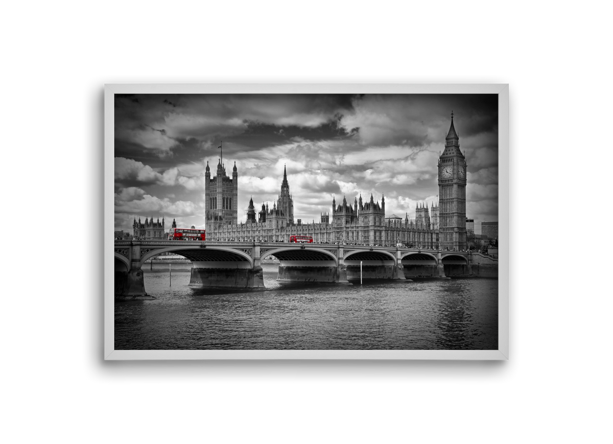 LONDON Westminster Bridge and red buses, 30x20 cm (30x20 cm), Fehér keret