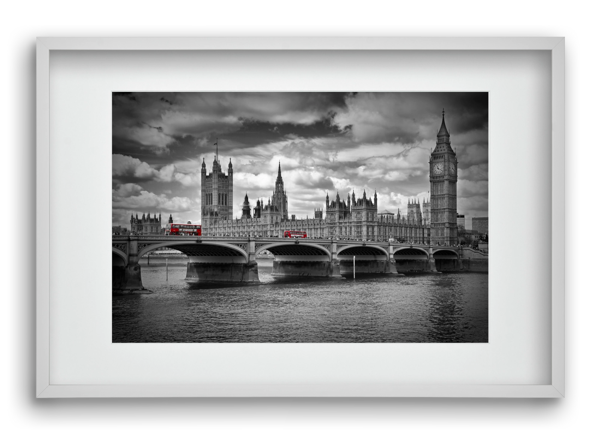 LONDON Westminster Bridge and red buses, 60x40 cm (45x30 cm), Fehér keret, paszpartuval