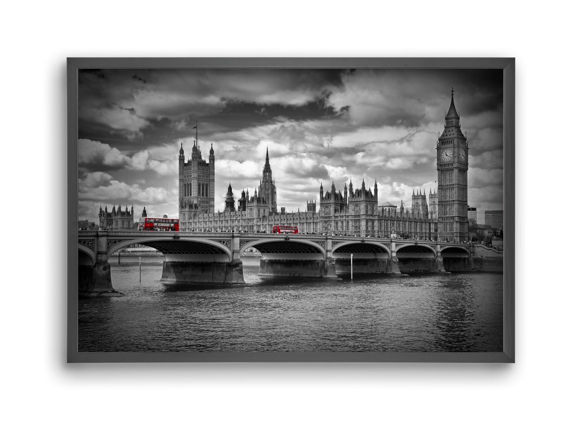 LONDON Westminster Bridge and red buses, 45x30 cm (45x30 cm), Fekete keret