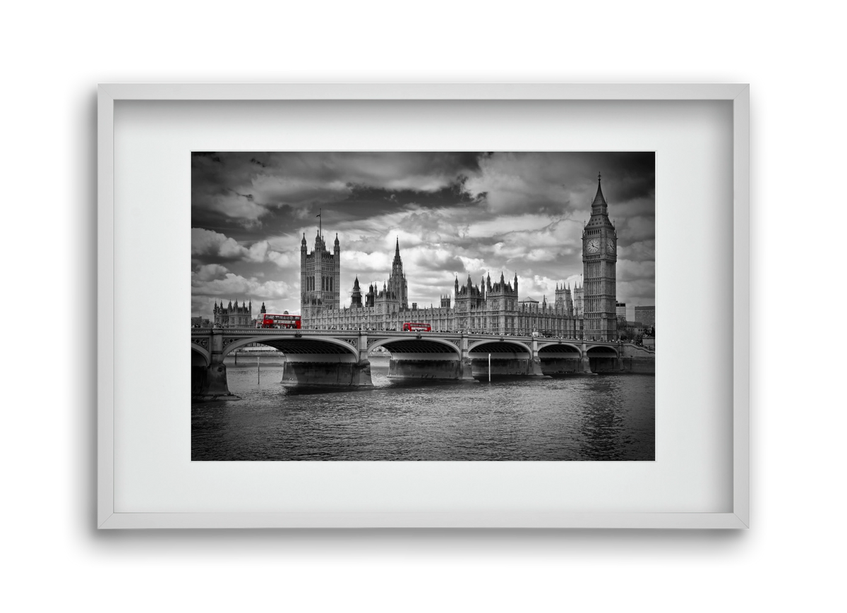 LONDON Westminster Bridge and red buses, 45x30 cm (30x20 cm), Fehér keret, paszpartuval