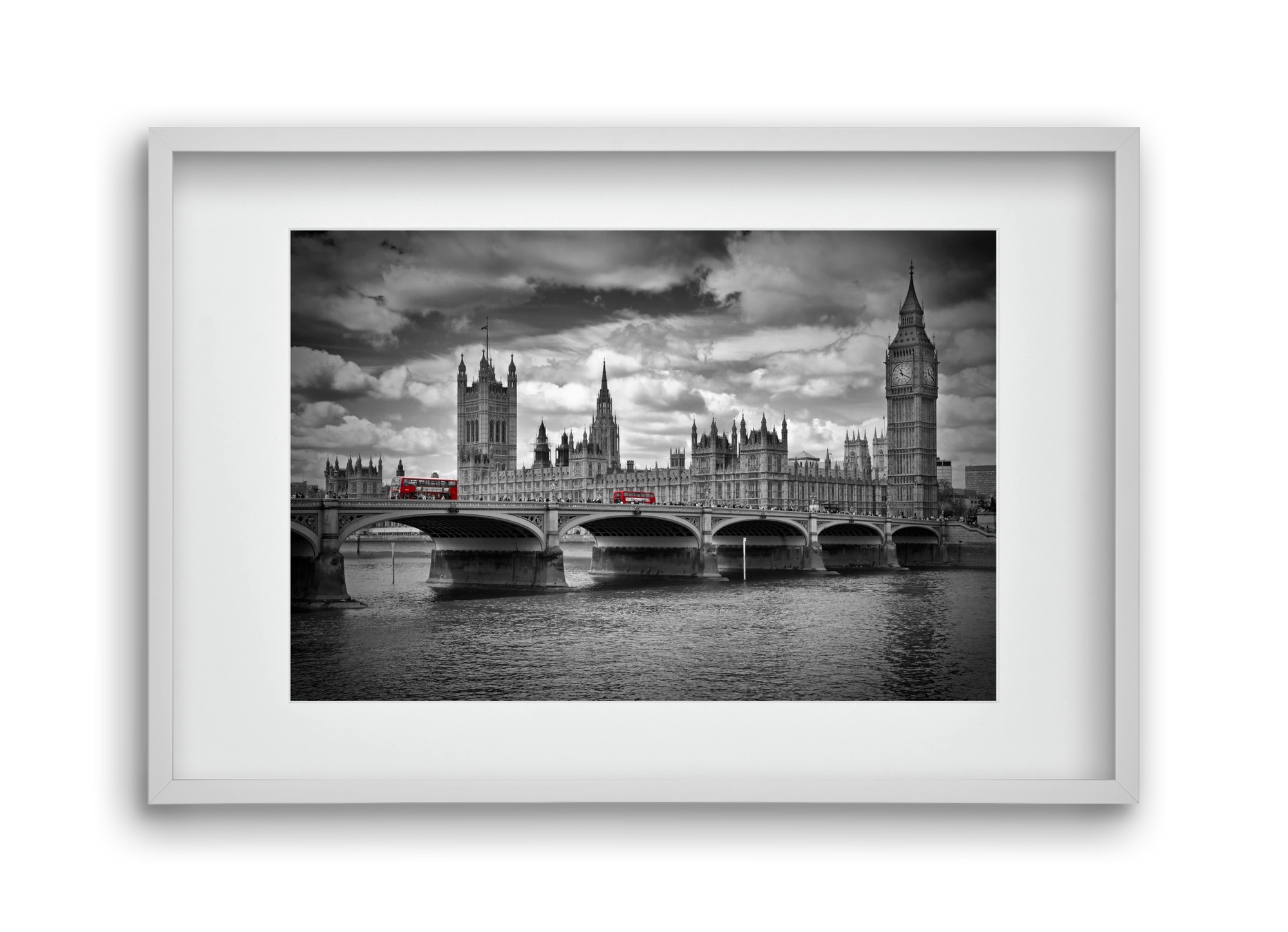 LONDON Westminster Bridge and red buses, 45x30 cm (30x20 cm), Fehér keret, paszpartuval