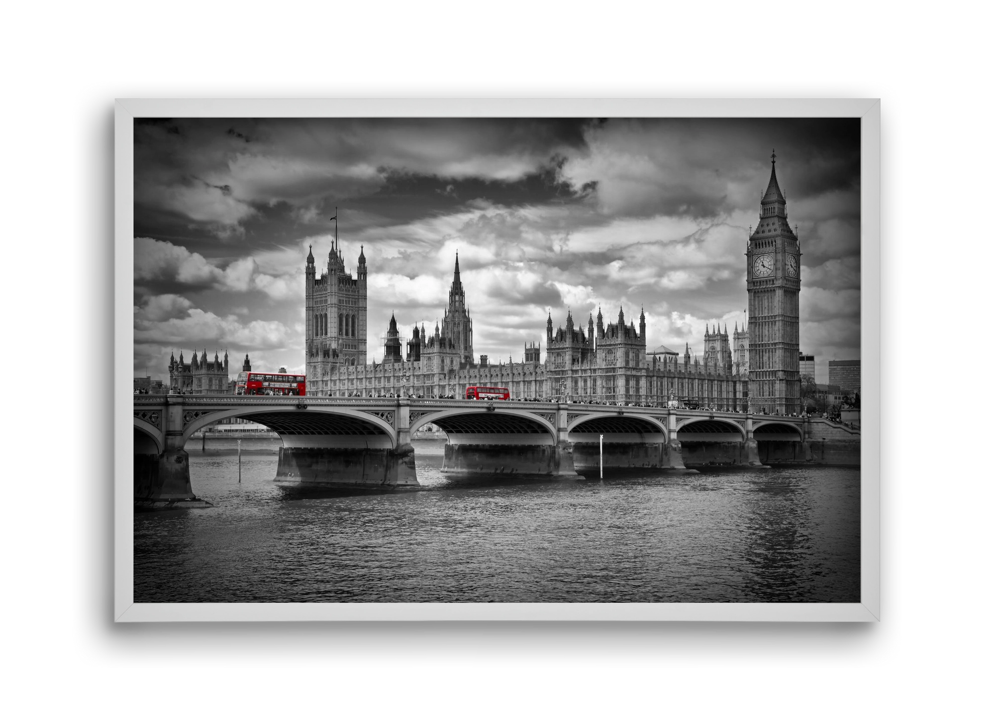 LONDON Westminster Bridge and red buses, 45x30 cm (45x30 cm), Fehér keret