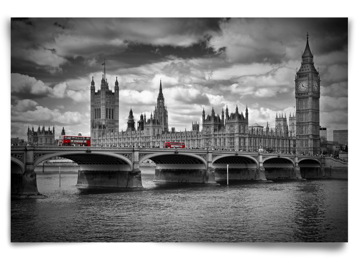 LONDON Westminster Bridge and red buses, 90x60 cm, Keret nélkül