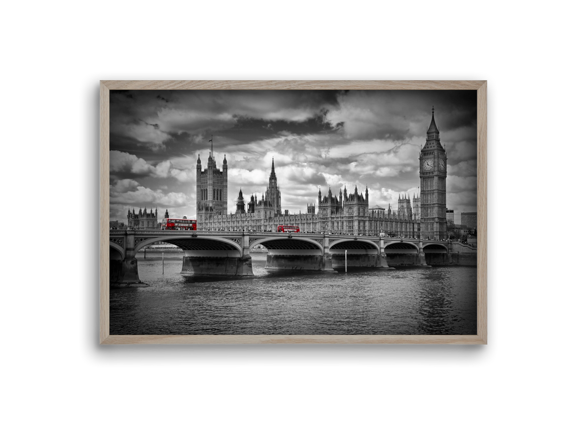 LONDON Westminster Bridge and red buses, 30x20 cm (30x20 cm), Tölgy keret