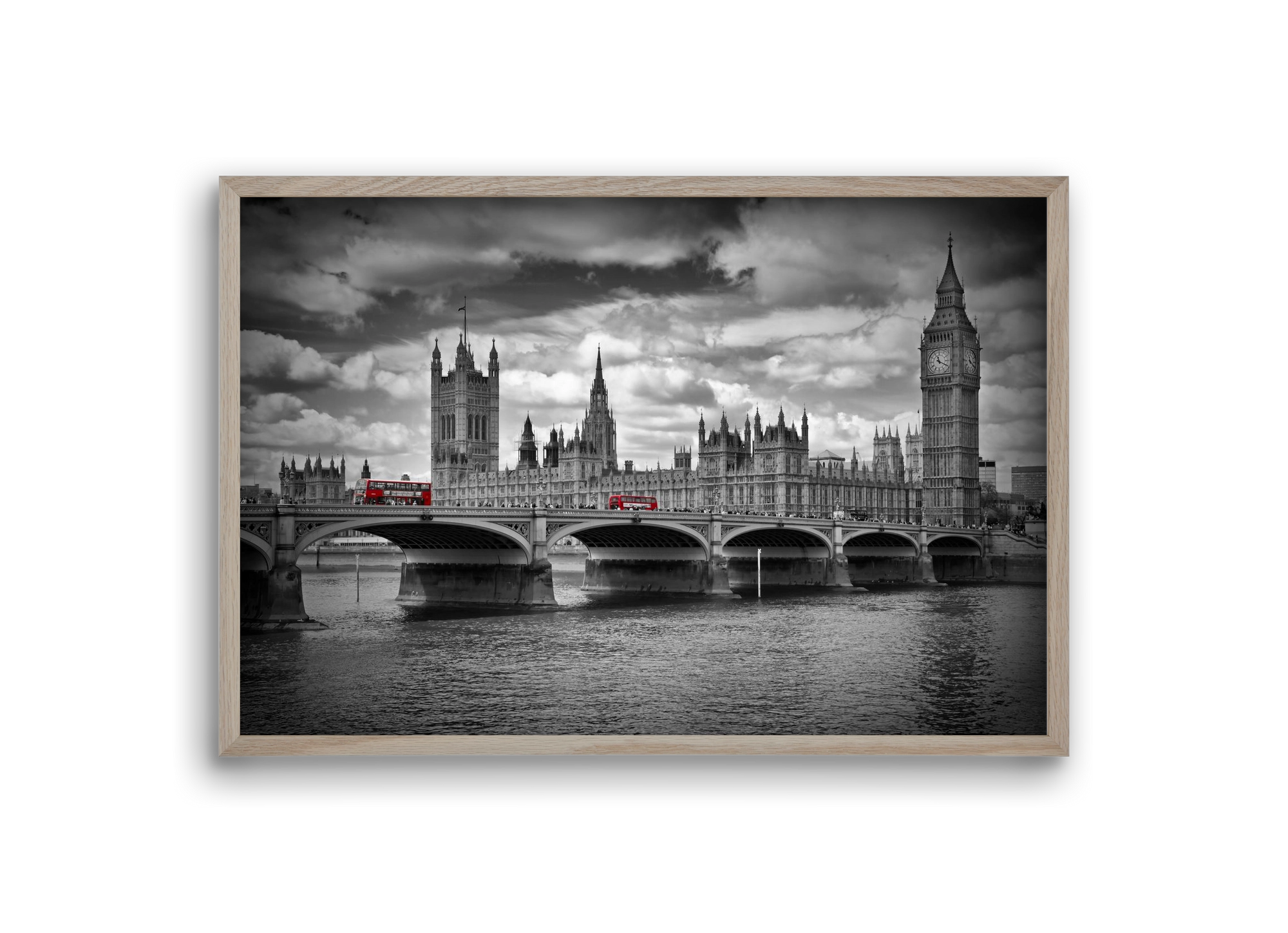 LONDON Westminster Bridge and red buses, 30x20 cm (30x20 cm), Tölgy keret