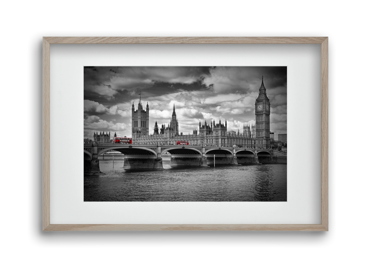 LONDON Westminster Bridge and red buses, 45x30 cm (30x20 cm), Tölgy keret, paszpartuval