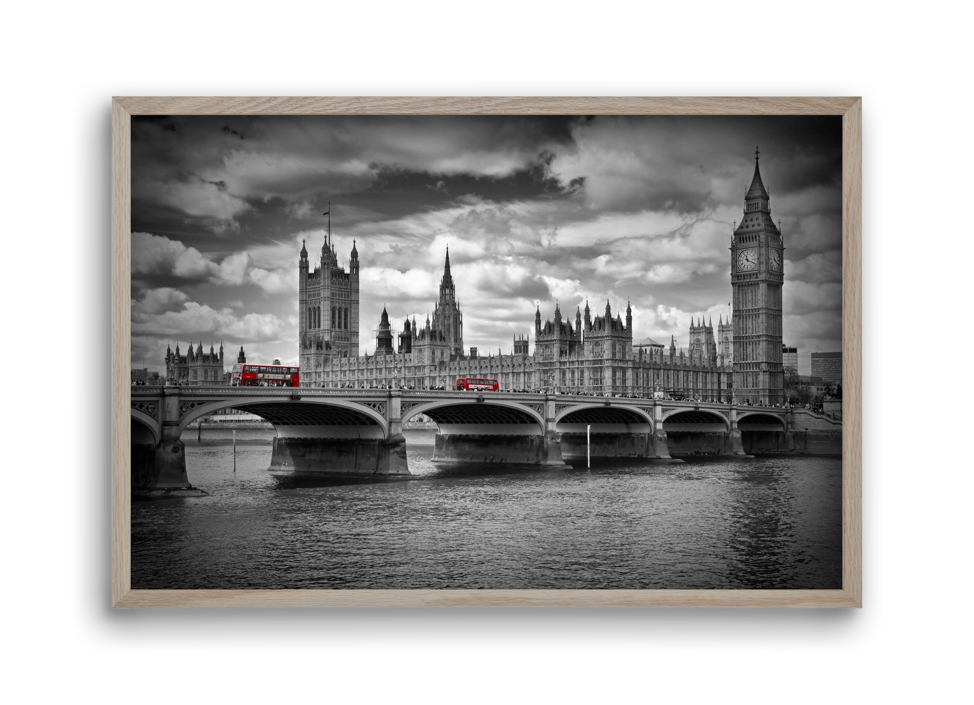 LONDON Westminster Bridge and red buses, 45x30 cm (45x30 cm), Tölgy keret