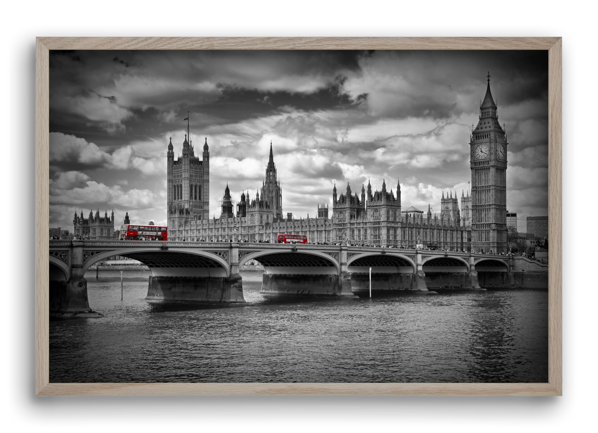 LONDON Westminster Bridge and red buses, 60x40 cm (60x40 cm), Tölgy keret