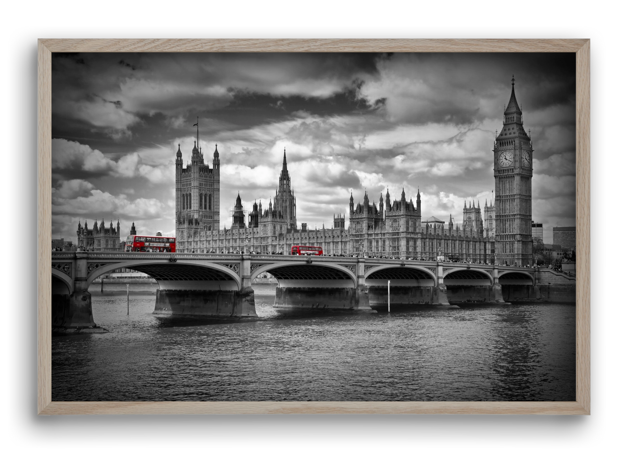 LONDON Westminster Bridge and red buses, 60x40 cm (60x40 cm), Tölgy keret