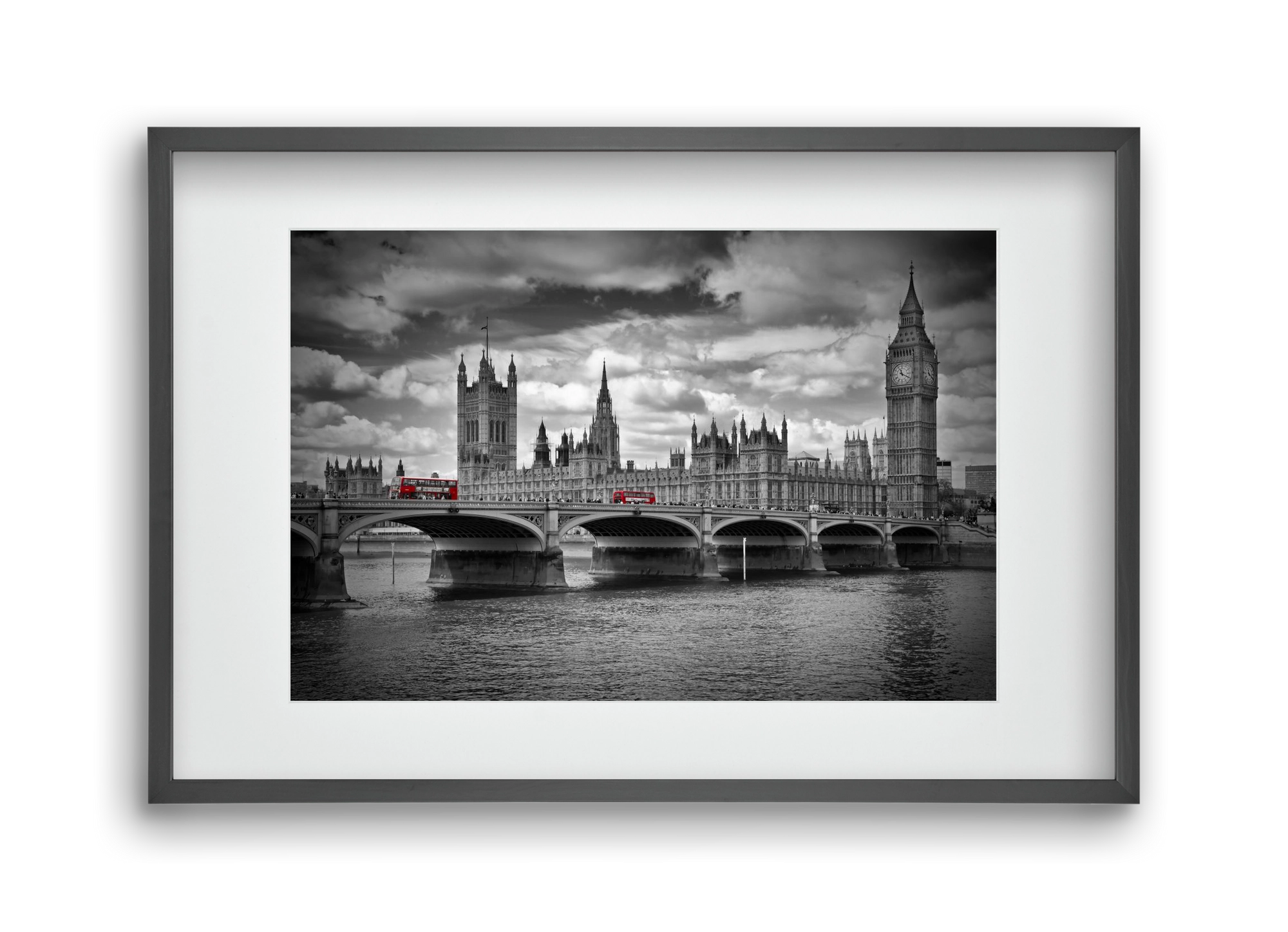 LONDON Westminster Bridge and red buses, 45x30 cm (30x20 cm), Fekete keret, paszpartuval