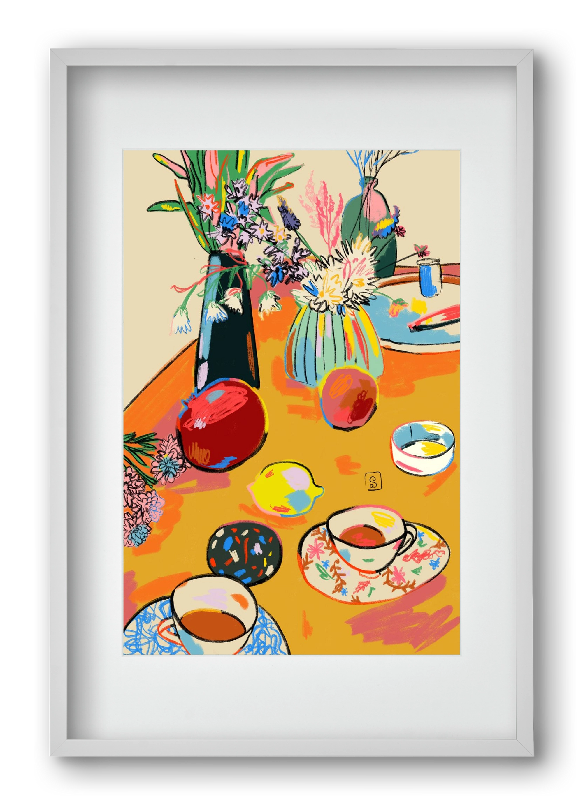 TEA AND FLOWERS AT HOME, 40x60 cm (30x45 cm), Fehér keret, paszpartuval