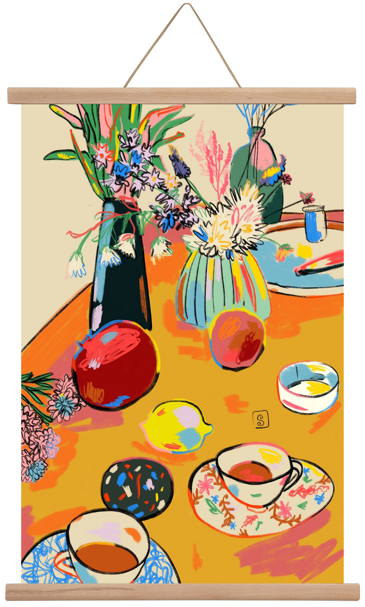 TEA AND FLOWERS AT HOME, 40x60 cm (40x60 cm), Tölgy akasztó