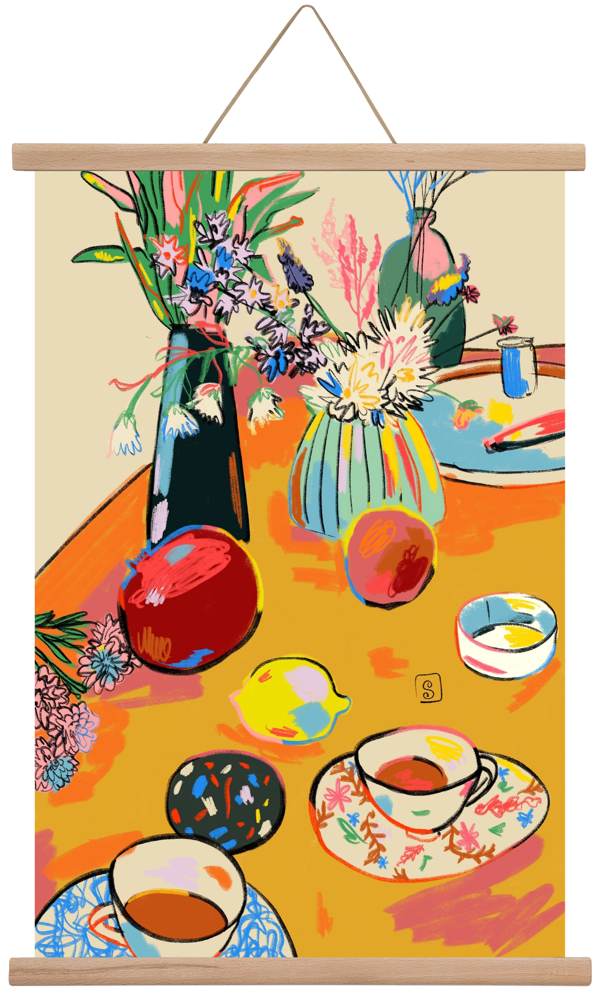 TEA AND FLOWERS AT HOME, 40x60 cm (40x60 cm), Tölgy akasztó