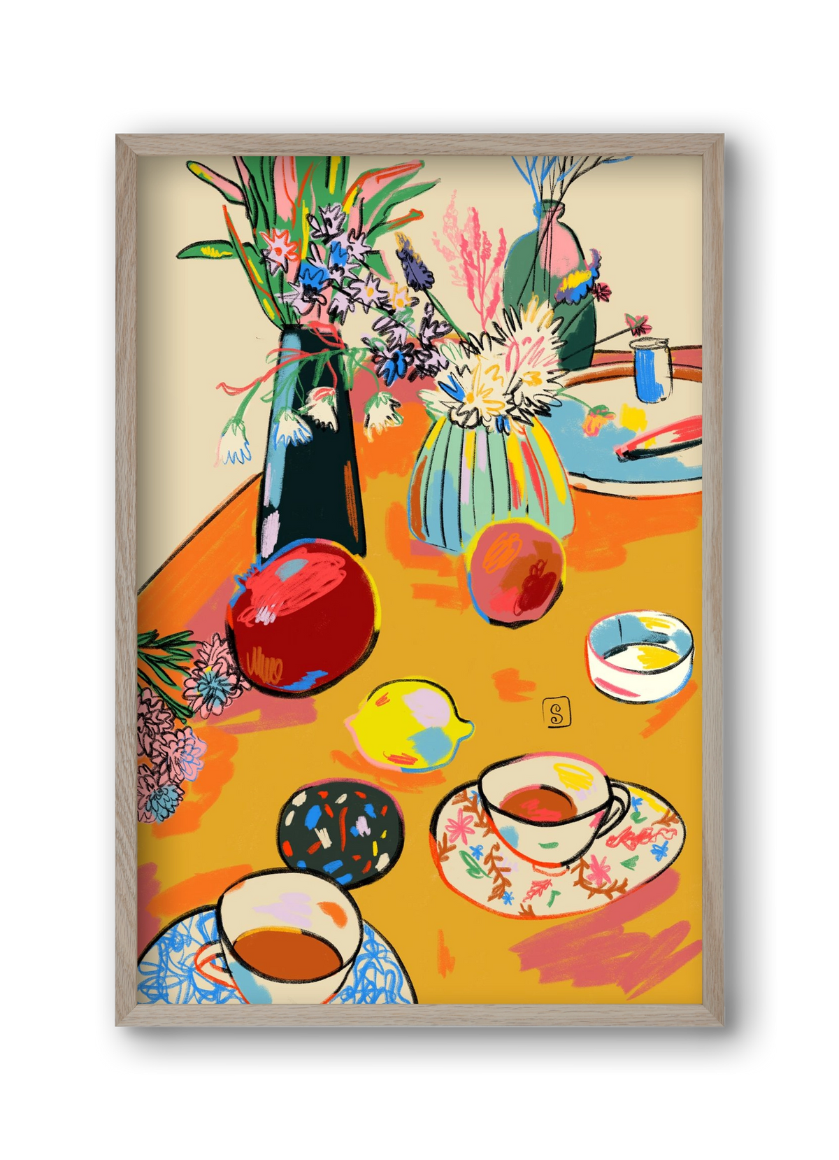 TEA AND FLOWERS AT HOME, 30x45 cm (30x45 cm), Tölgy keret