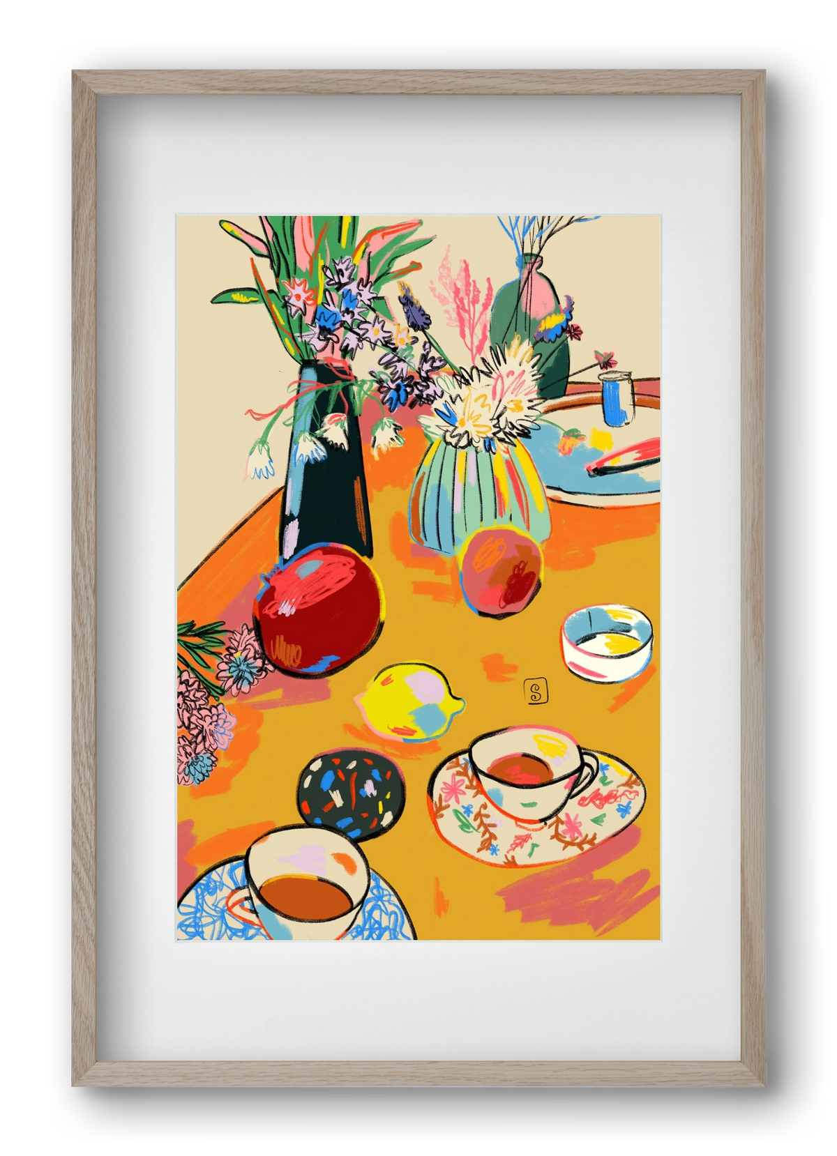 TEA AND FLOWERS AT HOME, 40x60 cm (30x45 cm), Tölgy keret, paszpartuval
