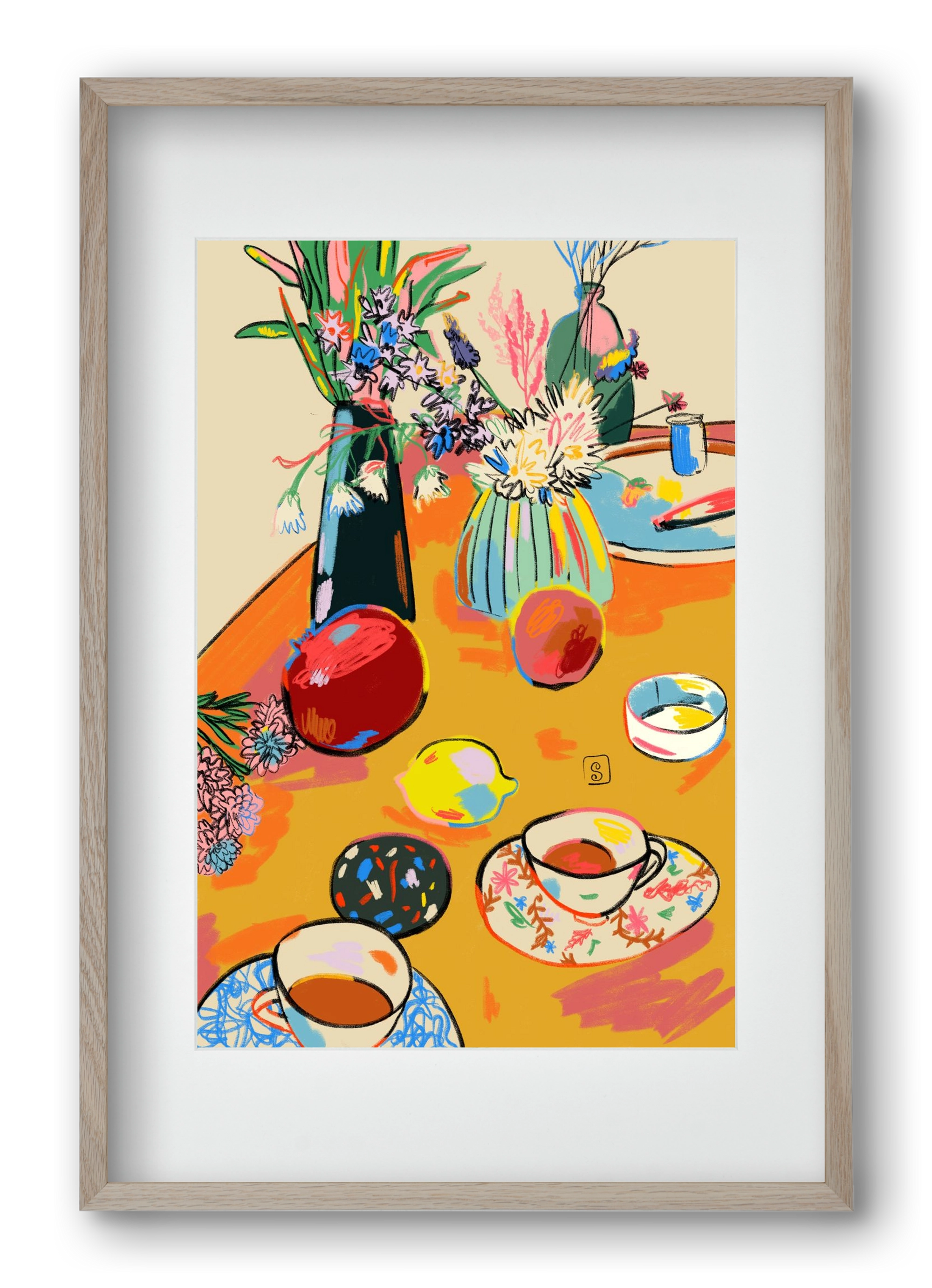 TEA AND FLOWERS AT HOME, 40x60 cm (30x45 cm), Tölgy keret, paszpartuval