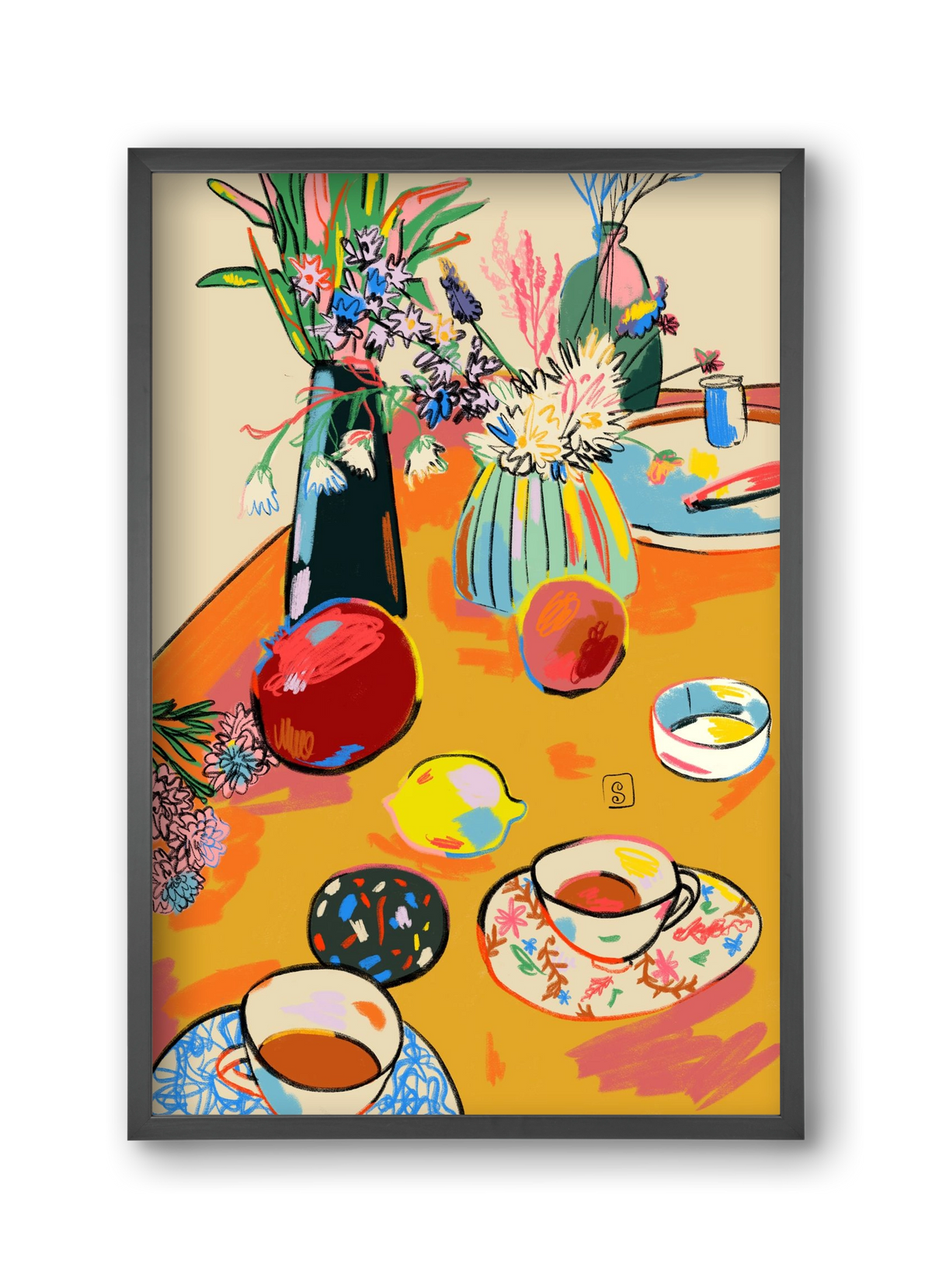 TEA AND FLOWERS AT HOME, 30x45 cm (30x45 cm), Fekete keret