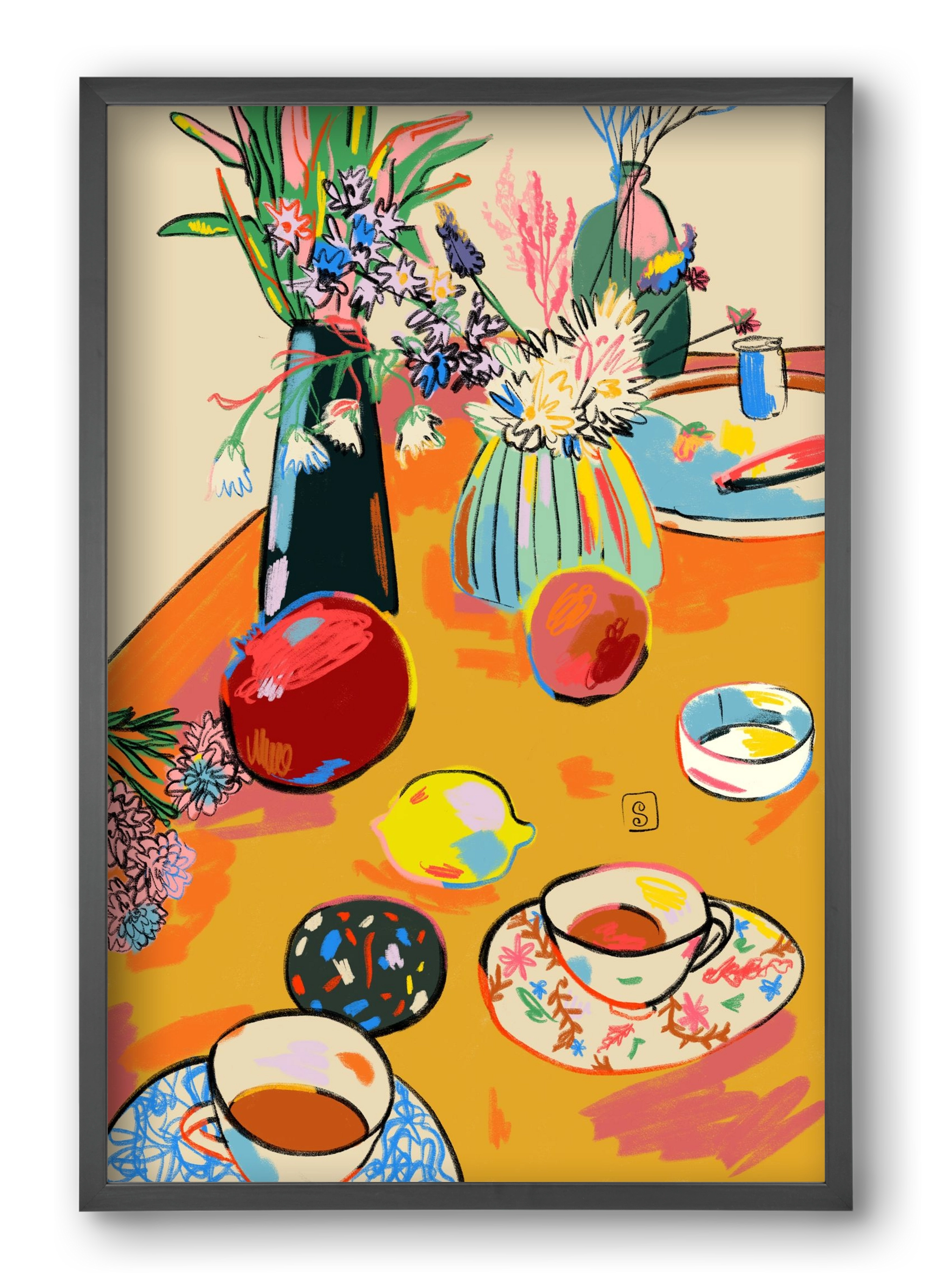 TEA AND FLOWERS AT HOME, 40x60 cm (40x60 cm), Fekete keret
