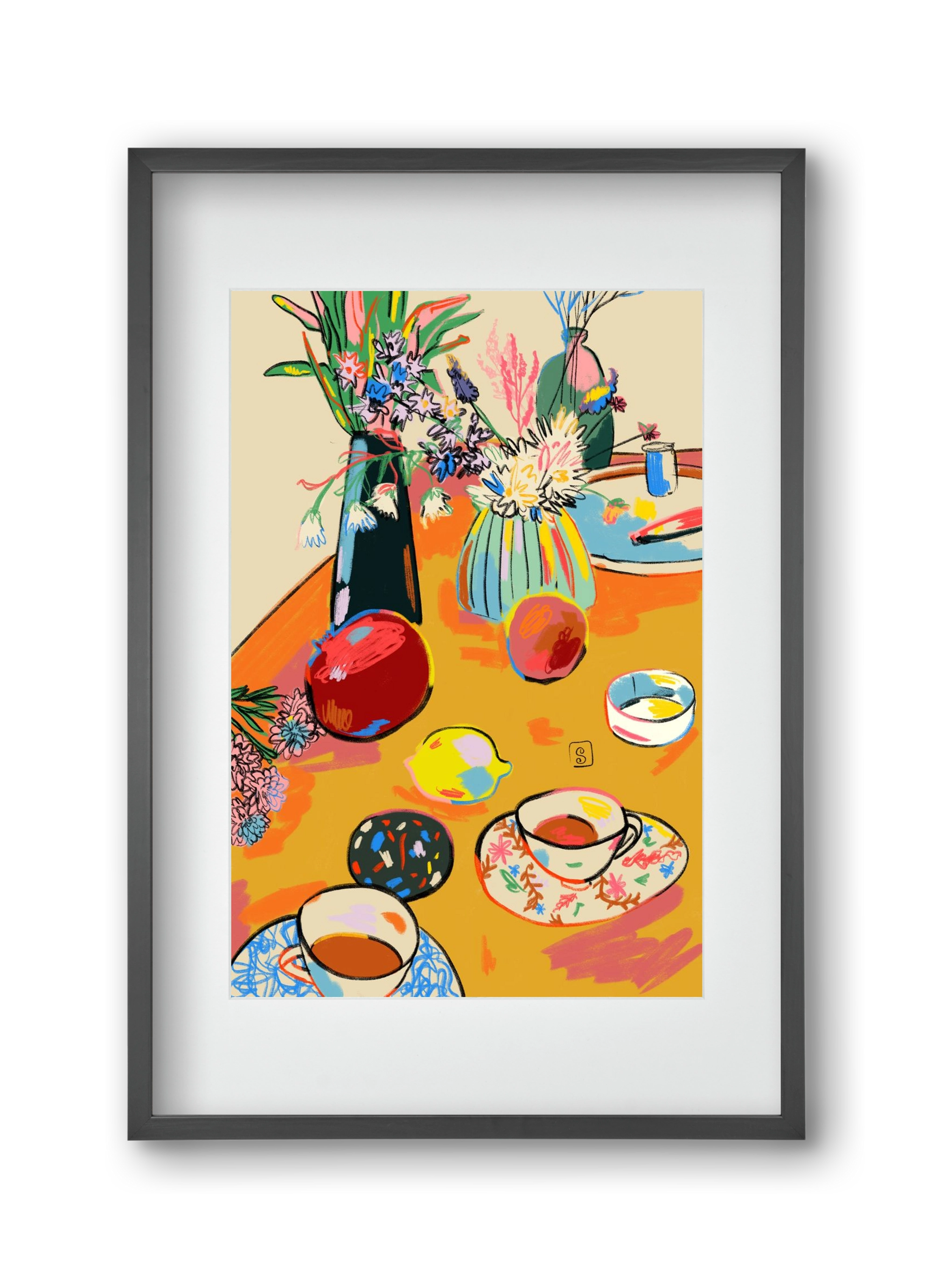 TEA AND FLOWERS AT HOME, 30x45 cm (20x30 cm), Fekete keret, paszpartuval