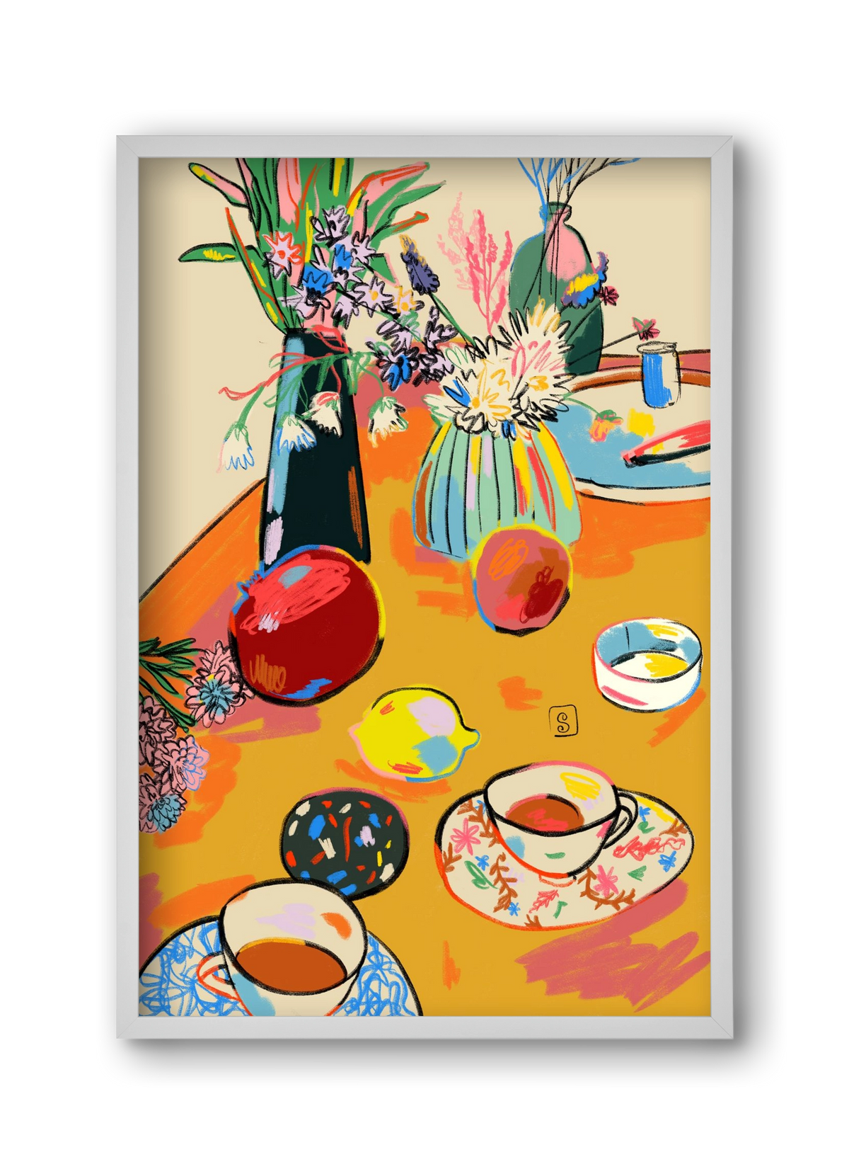 TEA AND FLOWERS AT HOME, 30x45 cm (30x45 cm), Fehér keret