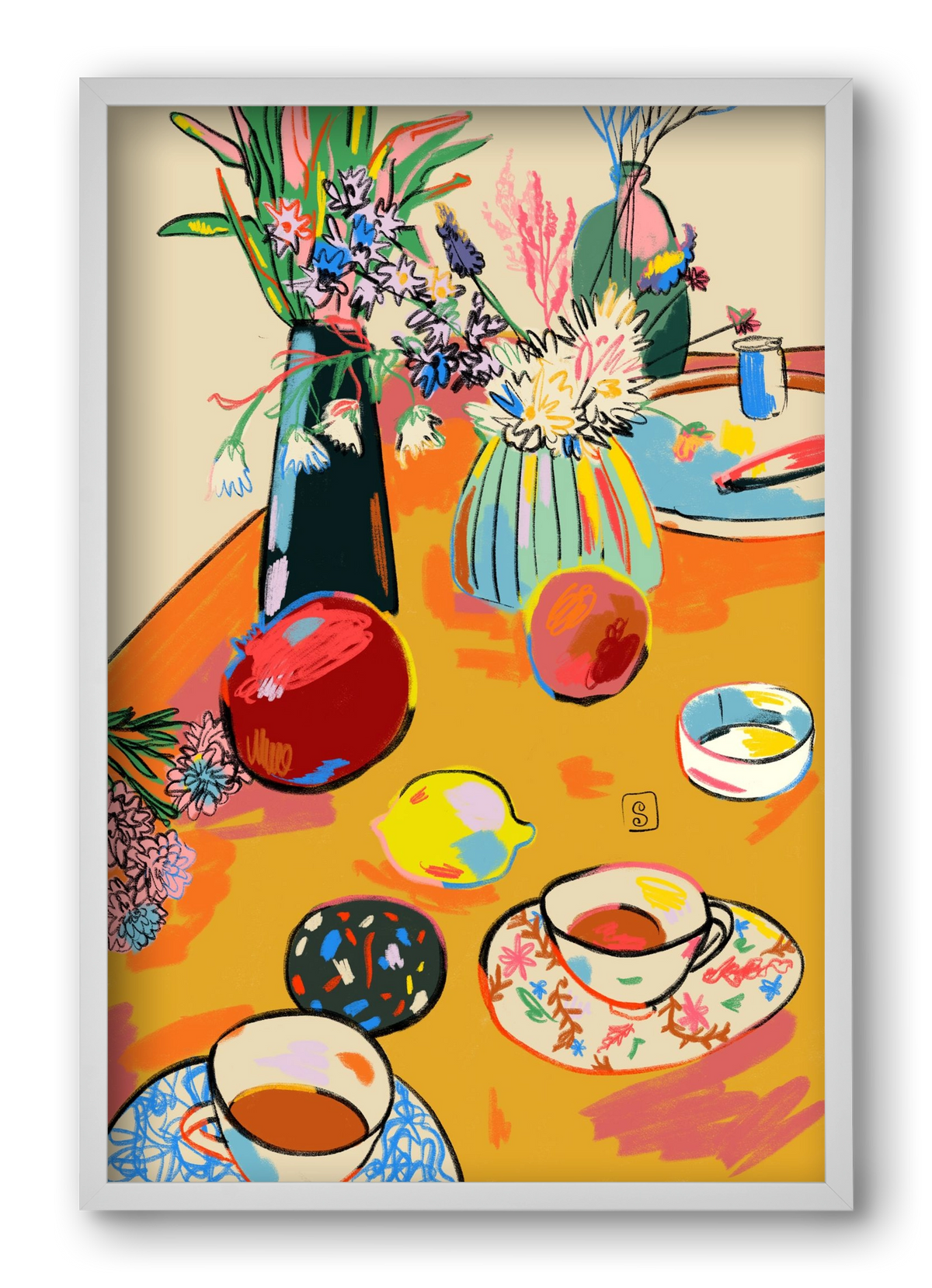 TEA AND FLOWERS AT HOME, 40x60 cm (40x60 cm), Fehér keret