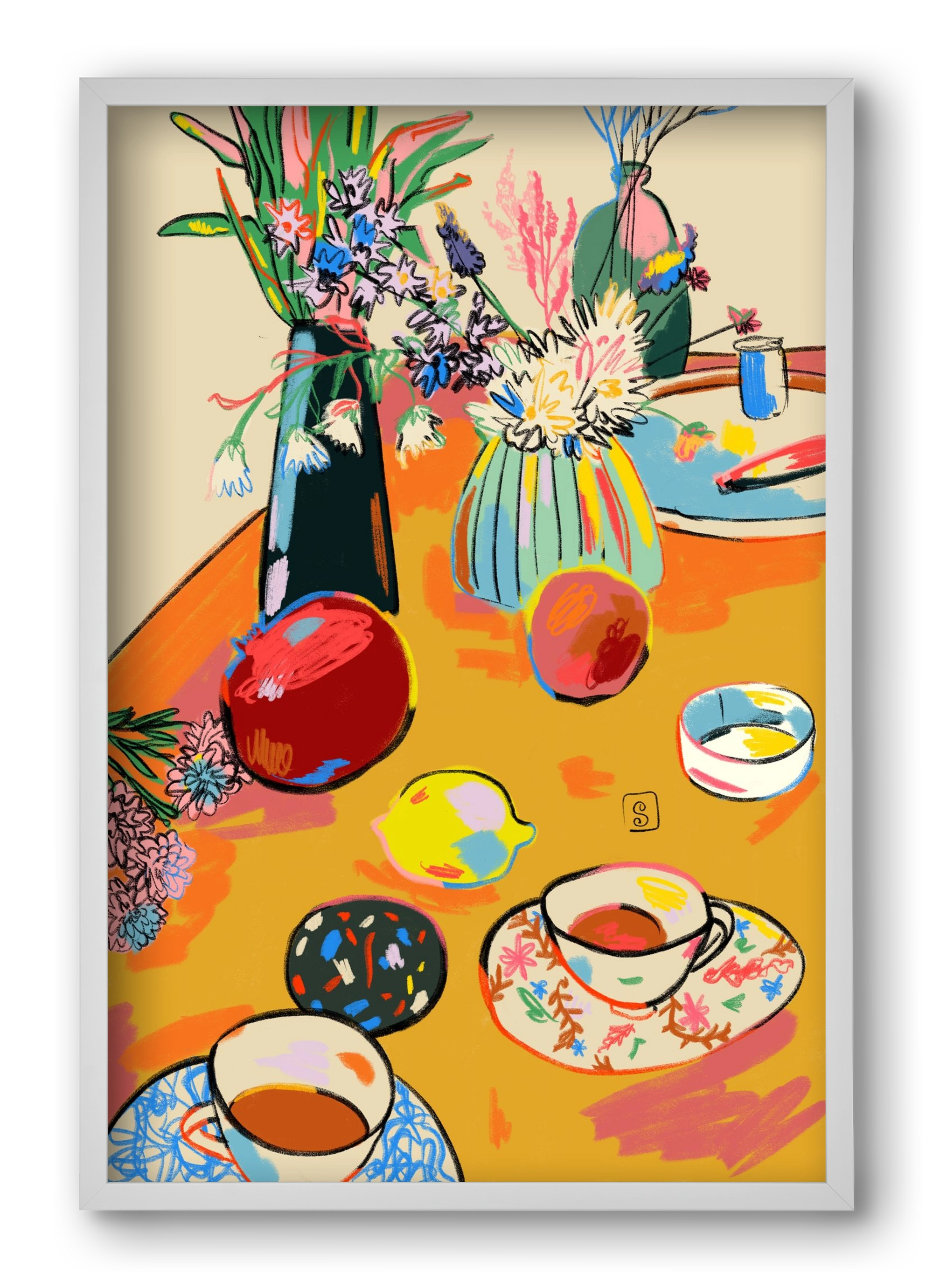 TEA AND FLOWERS AT HOME, 40x60 cm (40x60 cm), Fehér keret