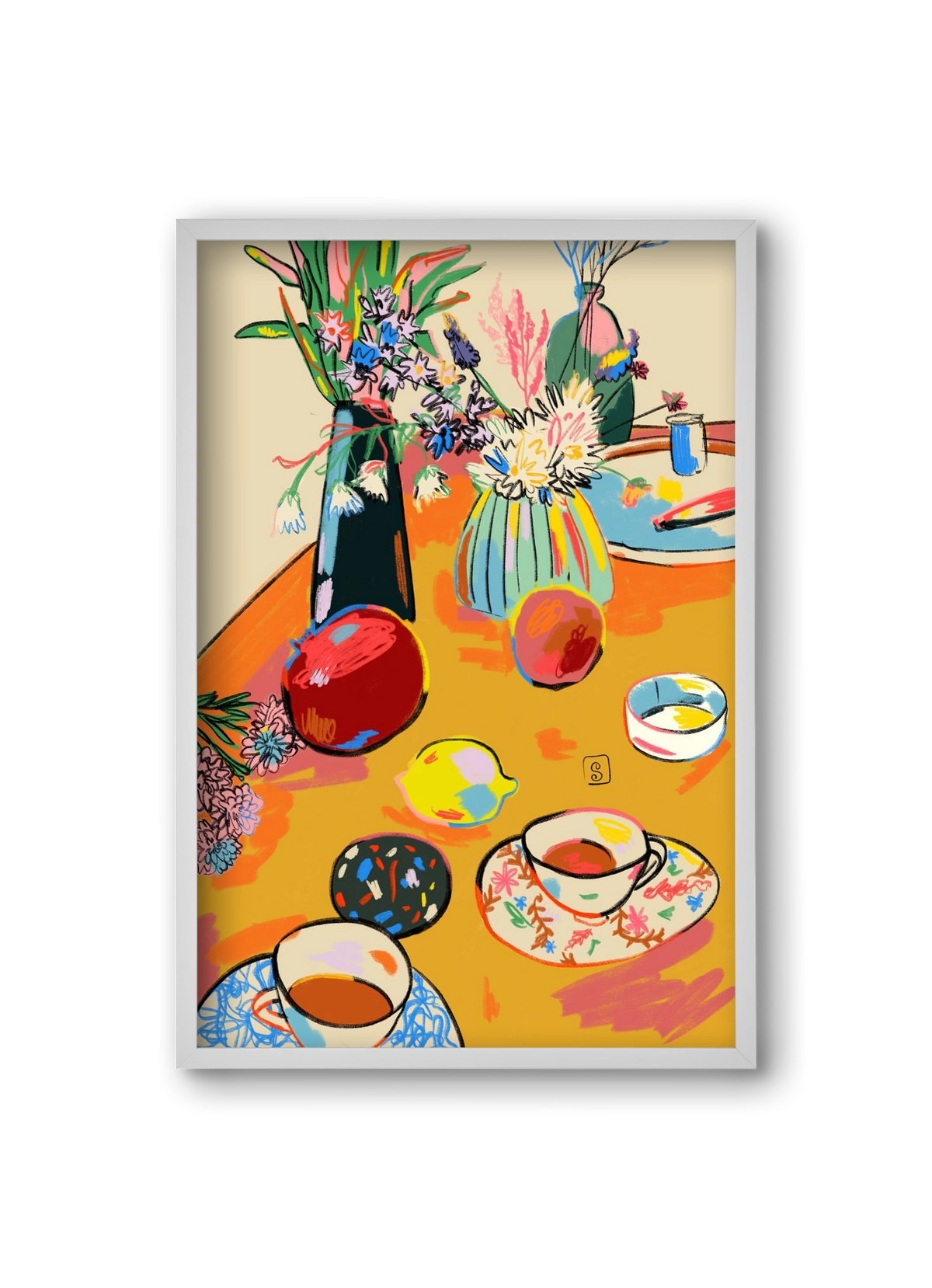 TEA AND FLOWERS AT HOME, 20x30 cm (20x30 cm), Fehér keret