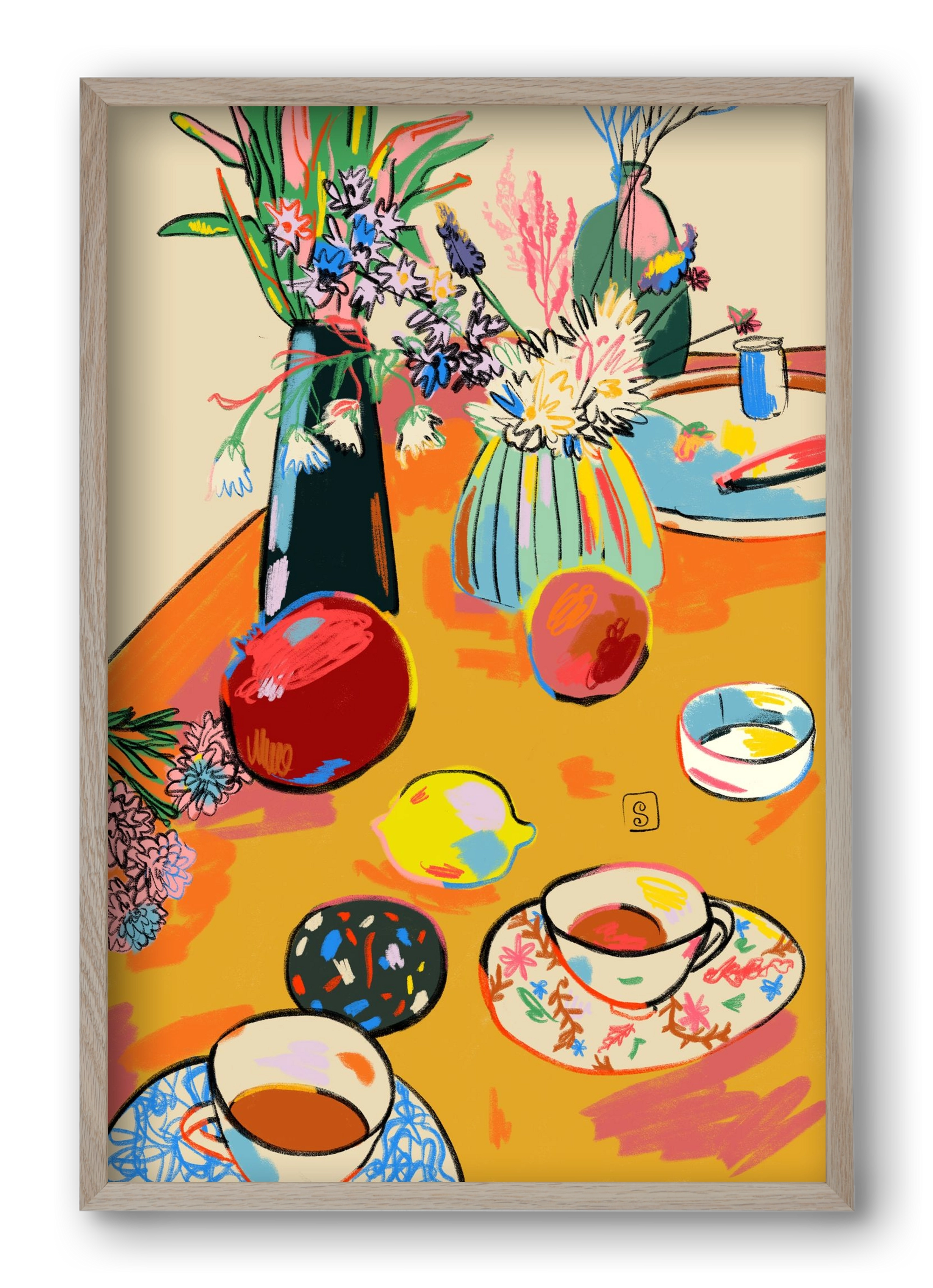 TEA AND FLOWERS AT HOME, 40x60 cm (40x60 cm), Tölgy keret