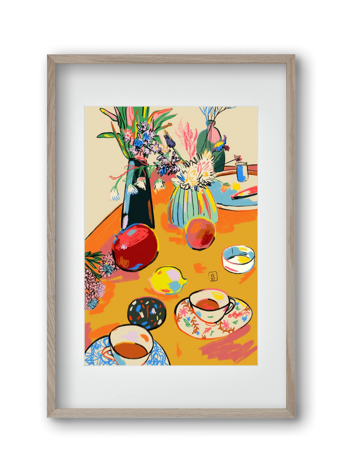 TEA AND FLOWERS AT HOME, 30x45 cm (20x30 cm), Tölgy keret, paszpartuval