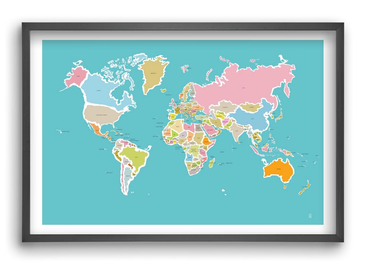 Worldmap with birds, 60x40 cm (60x40 cm), Fekete keret