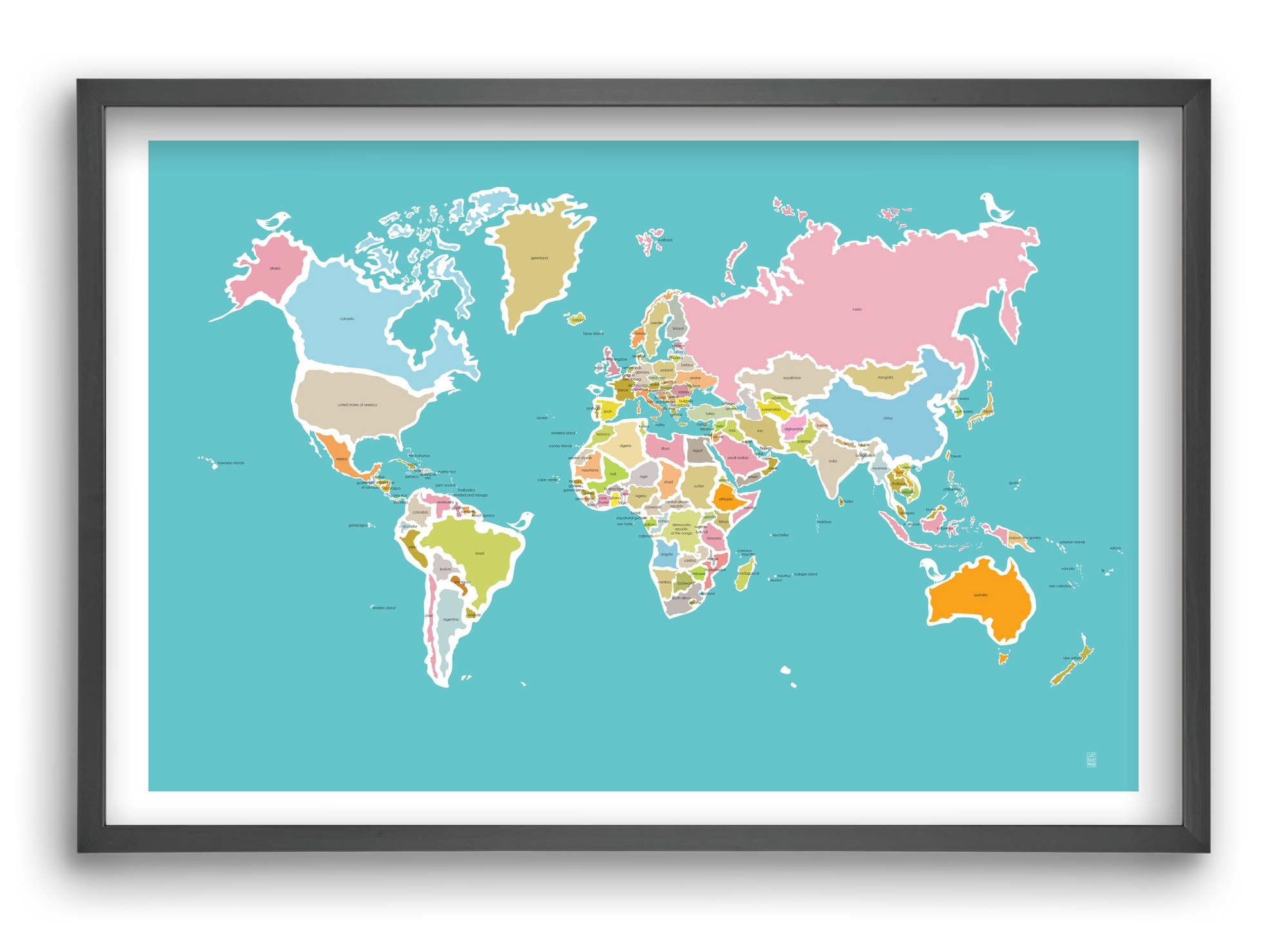 Worldmap with birds, 60x40 cm (60x40 cm), Fekete keret